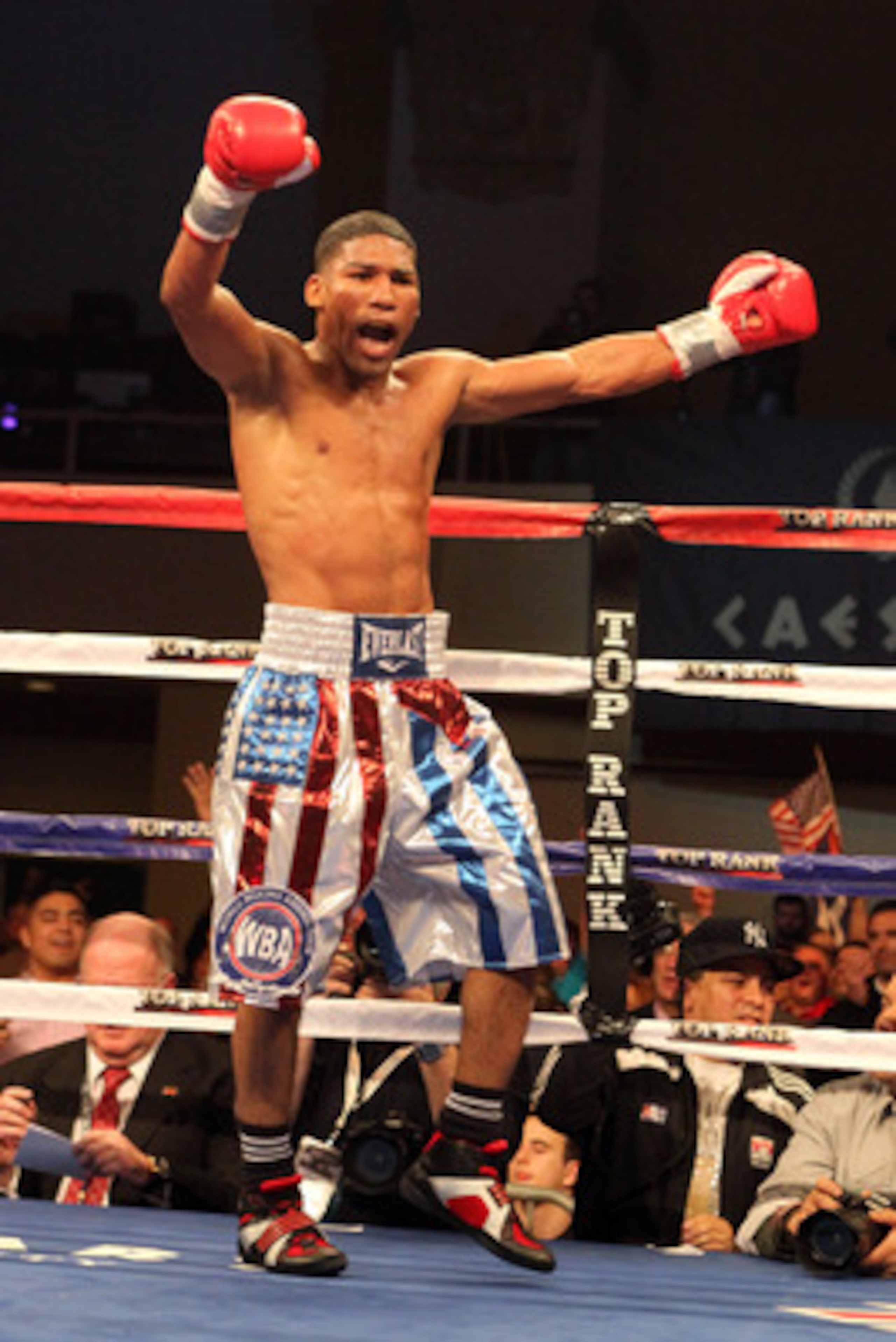ATLANTIC CITY, NJ - MARCH 26: Yuriorkis Gamboa celebrates after winning the IBF WBA World Featherweight title by beating Jorge Solis of Mexico during Top Rank's 'Featherweight Fury' on March 26, 2011 at Boardwalk Hall in Atlantic City, New Jersey. (Photo ATLANTIC CITY, NJ - MARCH 26: Yuriorkis Gamboa celebrates after winning the IBF WBA World Featherweight title by beating Jorge Solis of Mexico during Top Rank's 'Featherweight Fury' on March 26, 2011 at Boardwalk Hall in Atlantic City, New Jersey. (Photo