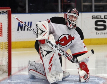 NEW YORK, NY - APRIL 09: Martin Brodeur #30 of the New Jersey Devils stretches prior to the game against the New York Rangers at Madison Square Garden on April 9, 2011 in New York City.  (Photo by Jonathan Klein/Getty Images)
