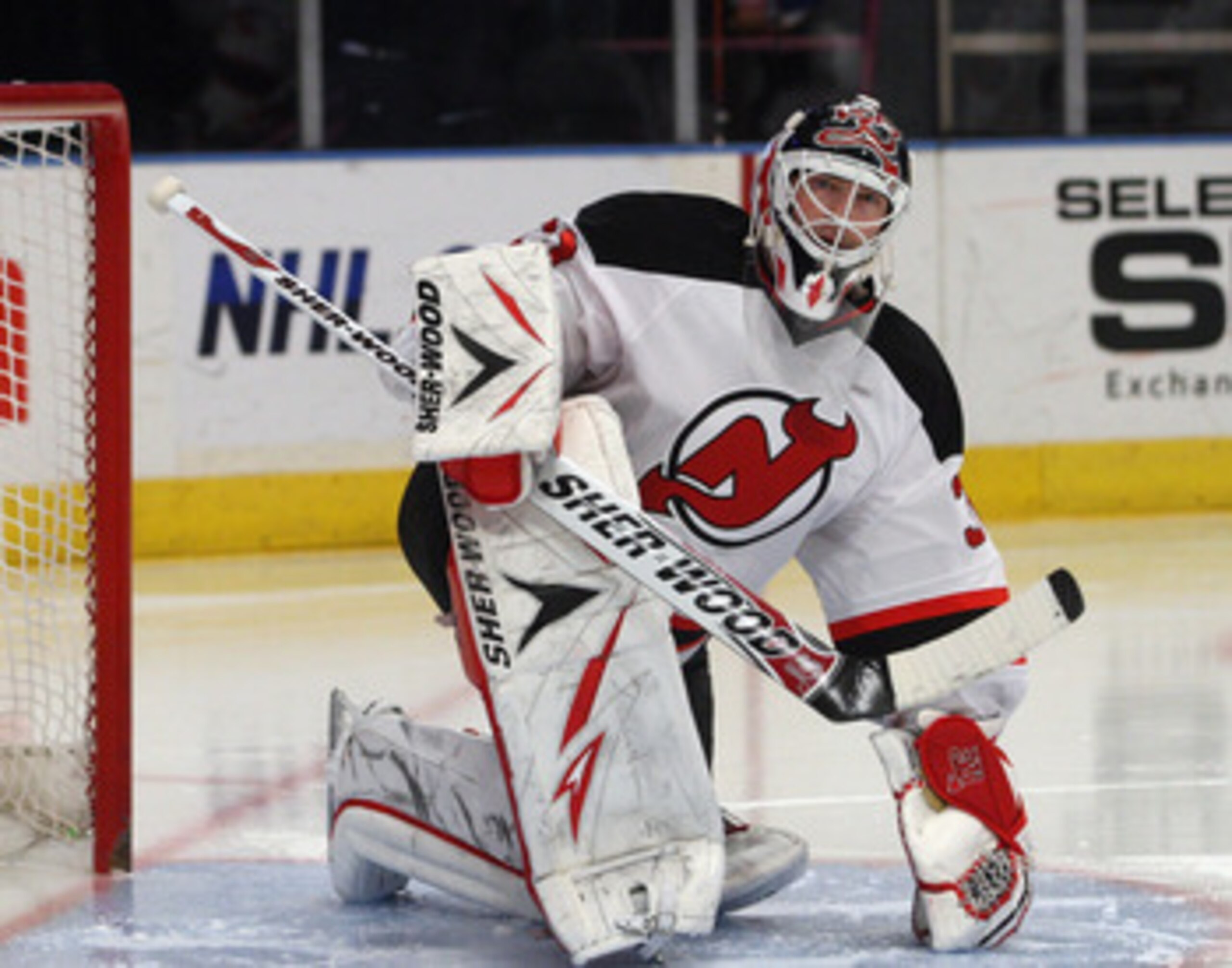 NEW YORK, NY - APRIL 09: Martin Brodeur #30 of the New Jersey Devils stretches prior to the game against the New York Rangers at Madison Square Garden on April 9, 2011 in New York City.  (Photo by Jonathan Klein/Getty Images)