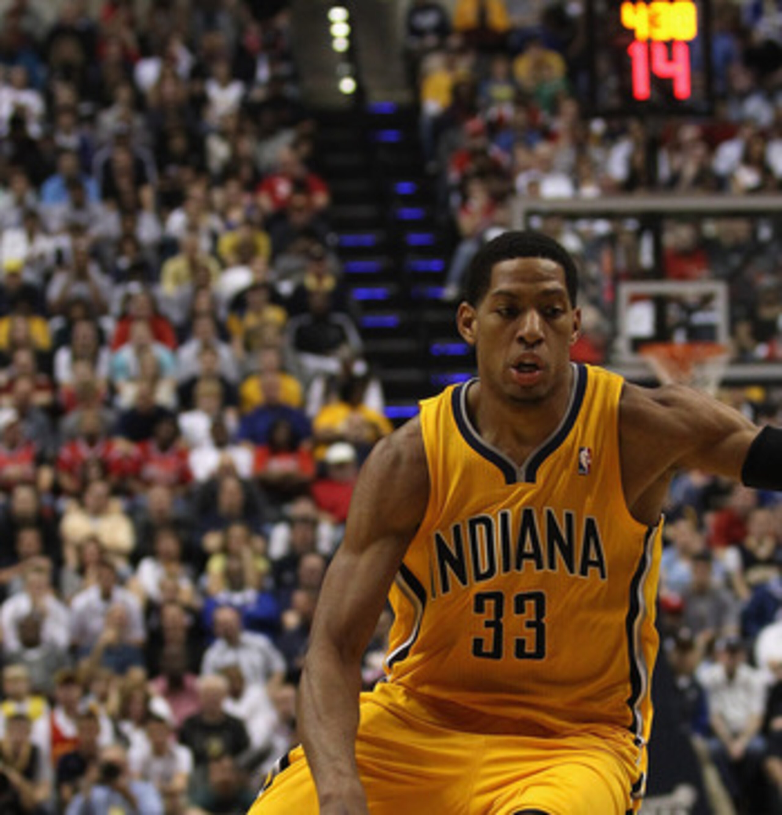 INDIANAPOLIS, IN - APRIL 23: Danny Granger #33 of the Indiana Pacers drives against the Chicago Bulls in Game Four of the Eastern Conference Quarterfinals in the 2011 NBA Playoffs at Conseco Fieldhouse on April 23, 2011 in Indianapolis, Indiana. The Pacer