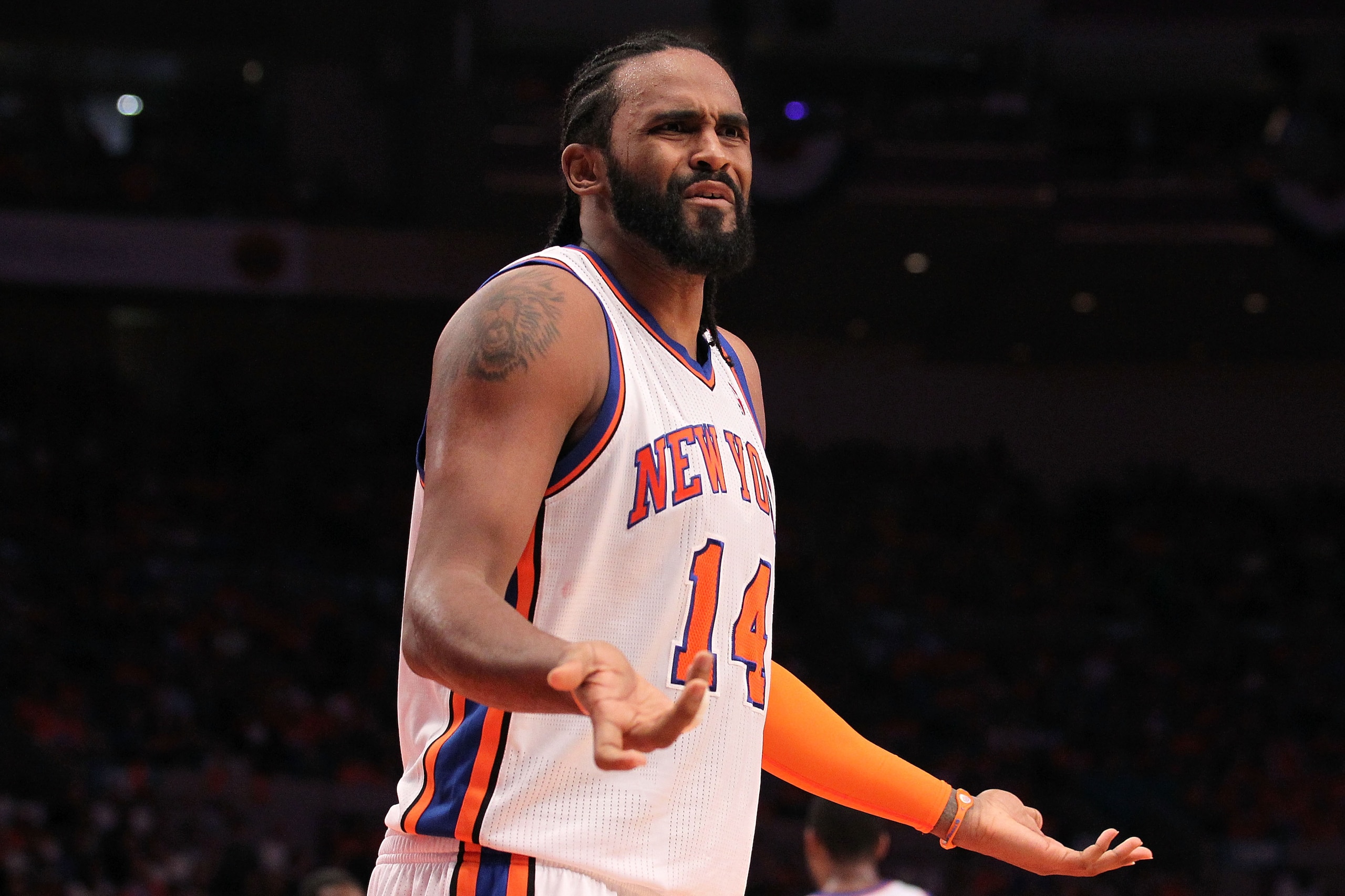NEW YORK, NY - APRIL 24:  Ronny Turiaf #14 of the New York Knicks reacts against the Boston Celtics in Game Four of the Eastern Conference Quarterfinals during the 2011 NBA Playoffs on April 24, 2011 at Madison Square Garden in New York City. NOTE TO USER