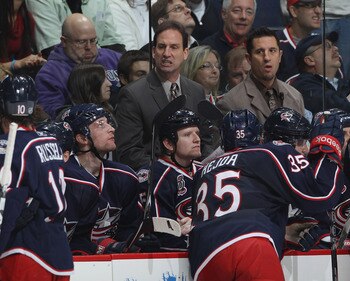 COLUMBUS, OH - DECEMBER 01:  Head coach Scott Arniel of the Columbus Blue Jackets handles his team against the Nashville Predators at the Nationwide Arena on December 1, 2010 in Columbus, Ohio.  (Photo by Bruce Bennett/Getty Images)