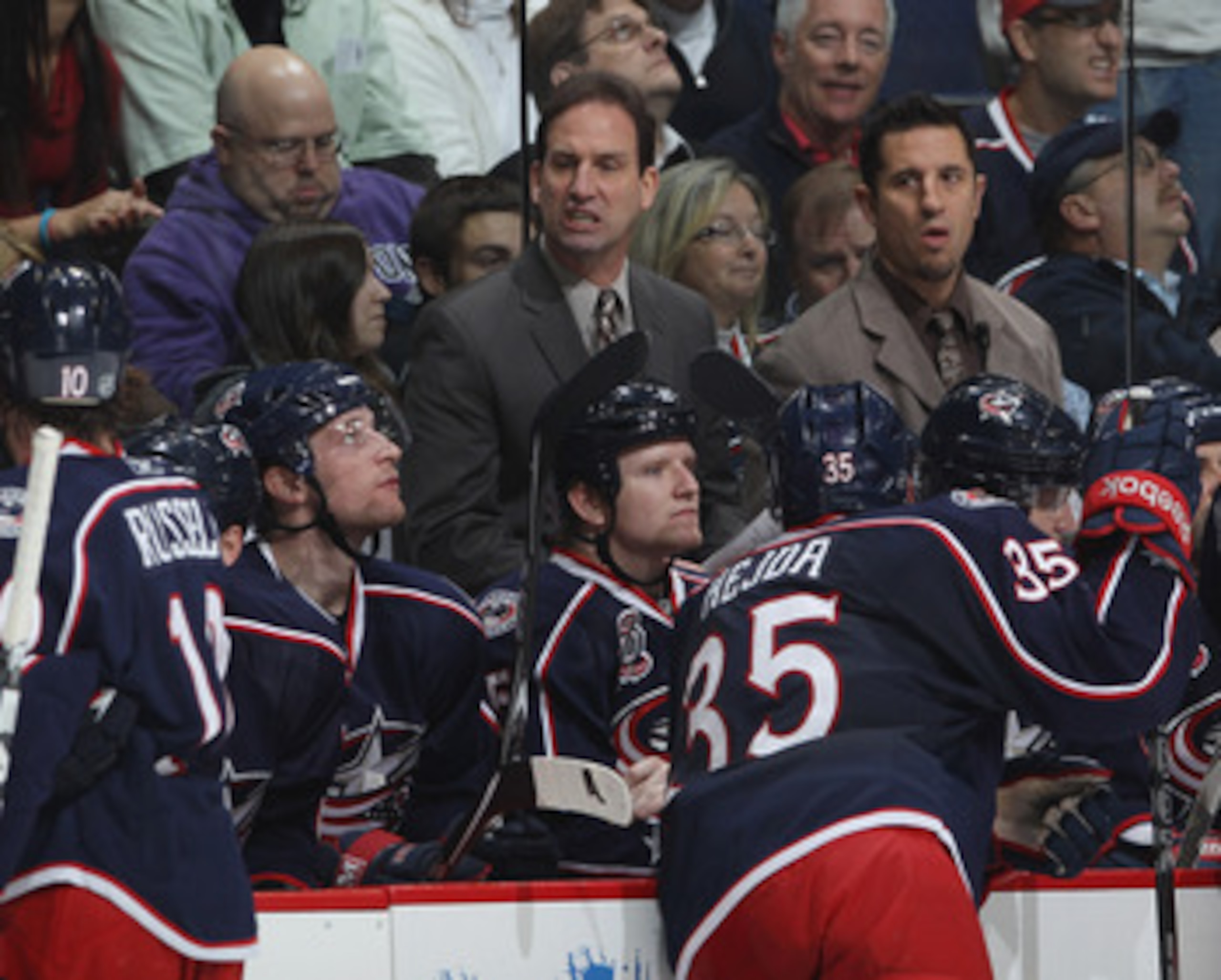 COLUMBUS, OH - DECEMBER 01:  Head coach Scott Arniel of the Columbus Blue Jackets handles his team against the Nashville Predators at the Nationwide Arena on December 1, 2010 in Columbus, Ohio.  (Photo by Bruce Bennett/Getty Images)