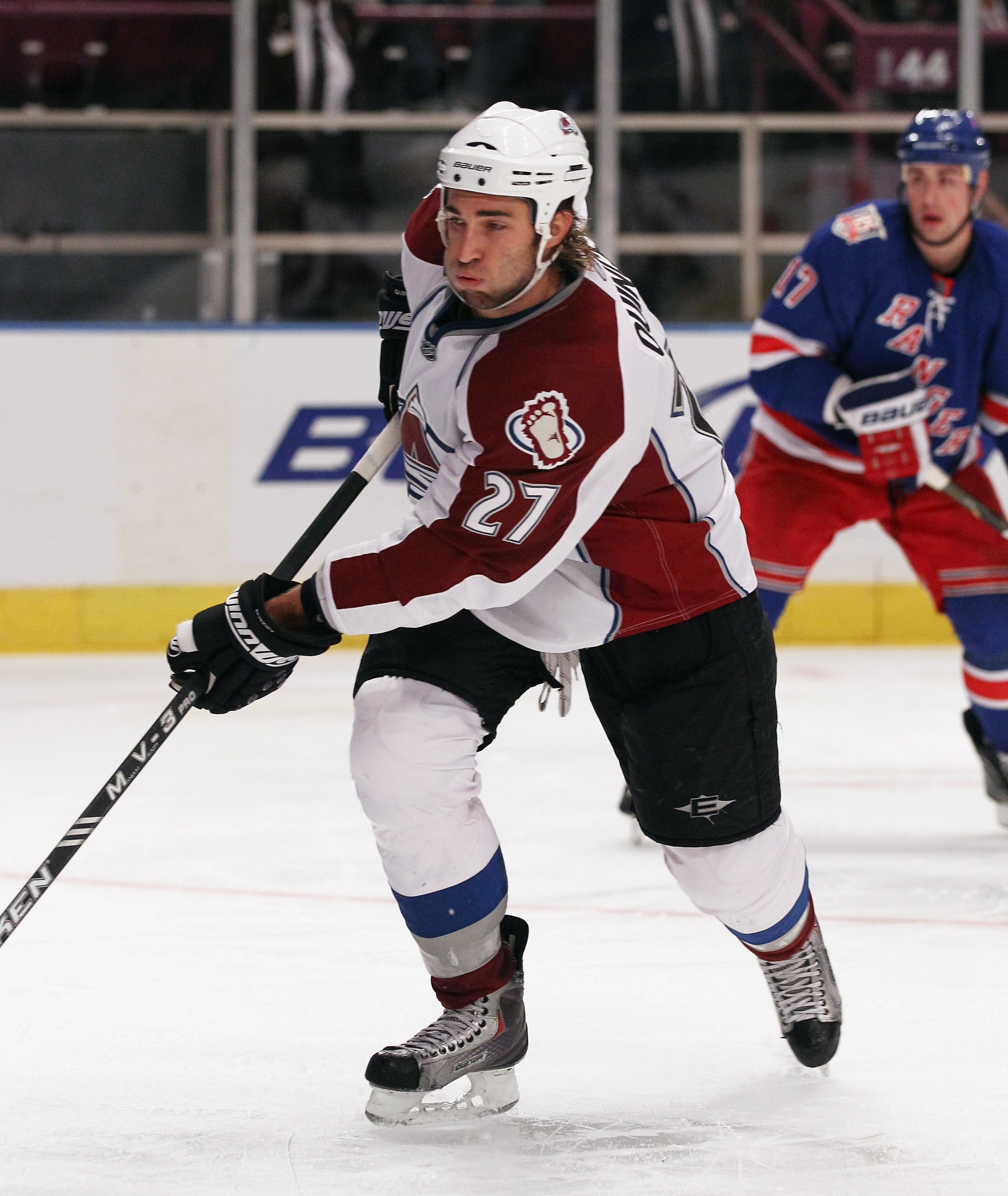 NEW YORK - OCTOBER 18: Kyle Quincey #27 of the Colorado Avalanche skates against the New York Rangers at Madison Square Garden on October 18, 2010 in New York City.  (Photo by Bruce Bennett/Getty Images)