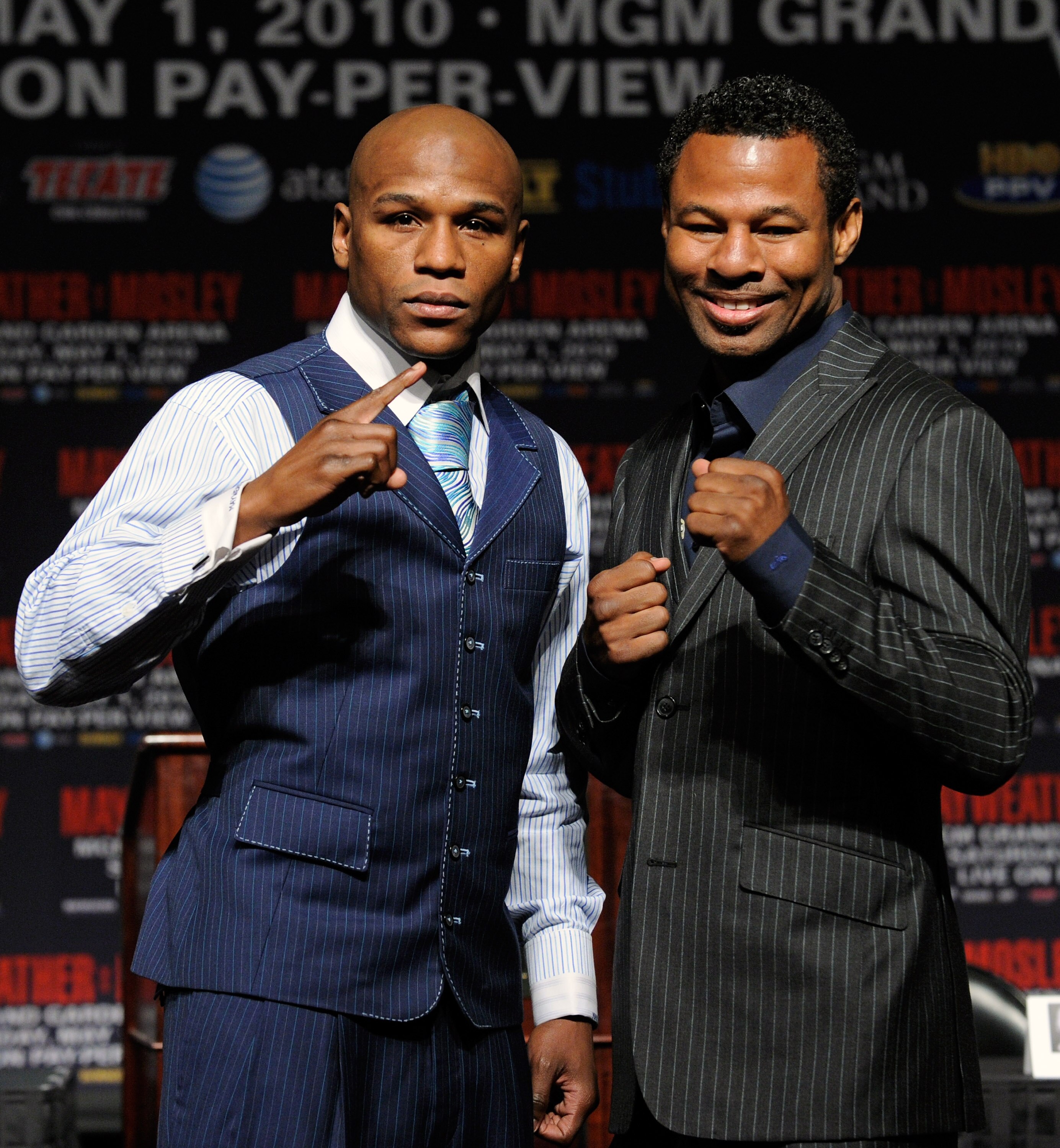LAS VEGAS - APRIL 28:  Boxers Floyd Mayweather Jr. (L) and Shane Mosley pose during their final news conference at the MGM Grand Hotel/Casino April 28, 2010 in Las Vegas, Nevada. Mayweather and Mosley will meet in a 12-round welterweight bout on May 1, 20