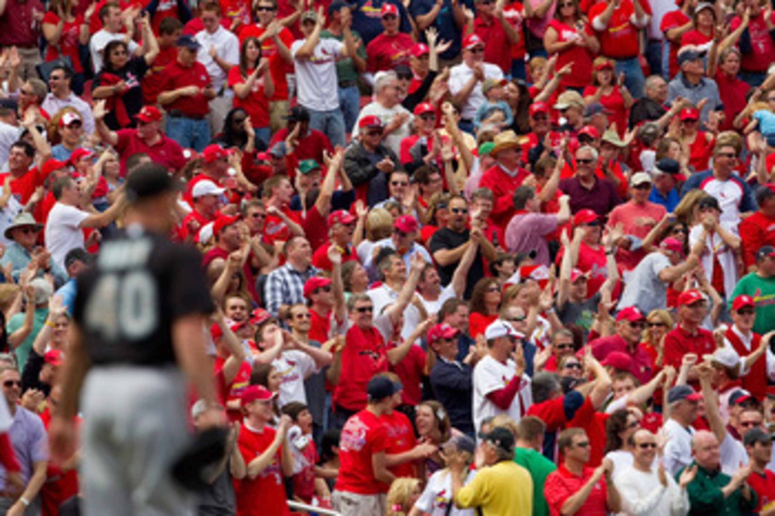 ST. LOUIS, MO - MAY 5: Fans celebrate a game-winning home run by the St. Louis Cardinals against the Florida Marlins at Busch Stadium on May 5, 2011 in St. Louis, Missouri.  (Photo by Dilip Vishwanat/Getty Images)