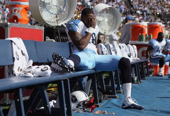 SAN DIEGO - OCTOBER 31:  Wide receiver Kenny Britt #18 of the Tennessee Titans sits on the bench after injuring his leg in the first quarter against the San Diego Chargers at Qualcomm Stadium on October 31, 2010 in San Diego, California.  (Photo by Jeff G
