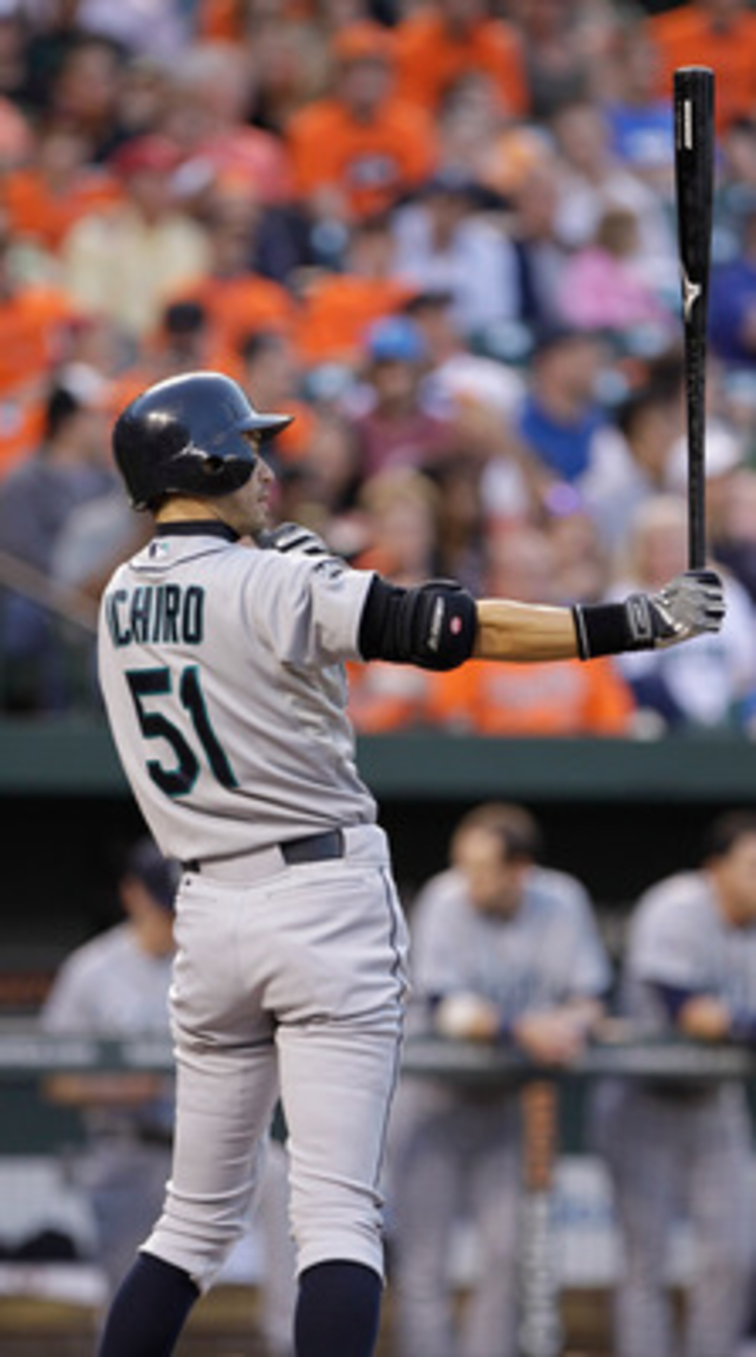 BALTIMORE, MD - MAY 12:  Ichiro Suzuki #51 of the Seattle Mariners in action against the Baltimore Orioles at Oriole Park at Camden Yards on May 12, 2011 in Baltimore, Maryland.  (Photo by Rob Carr/Getty Images)