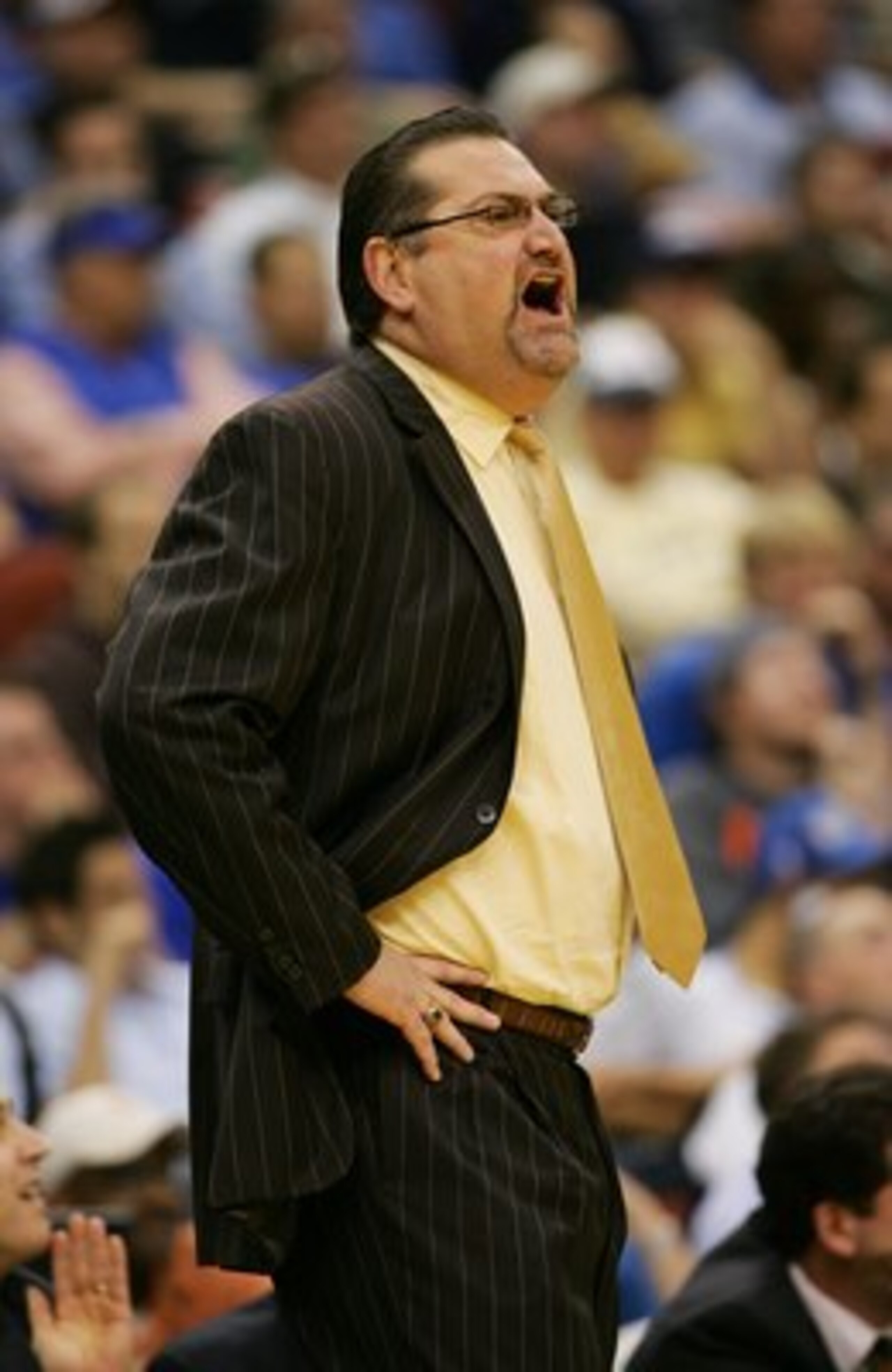 JACKSONVILLE, FL - MARCH 16:  Head coach Jeff Ruland of the Iona Gaels yells during their game against the LSU Tigers in round one of the NCAA National Championship on March 16, 2006 at the Veterans Memorial Arena in Jacksonville, Florida.  (Photo by Doug