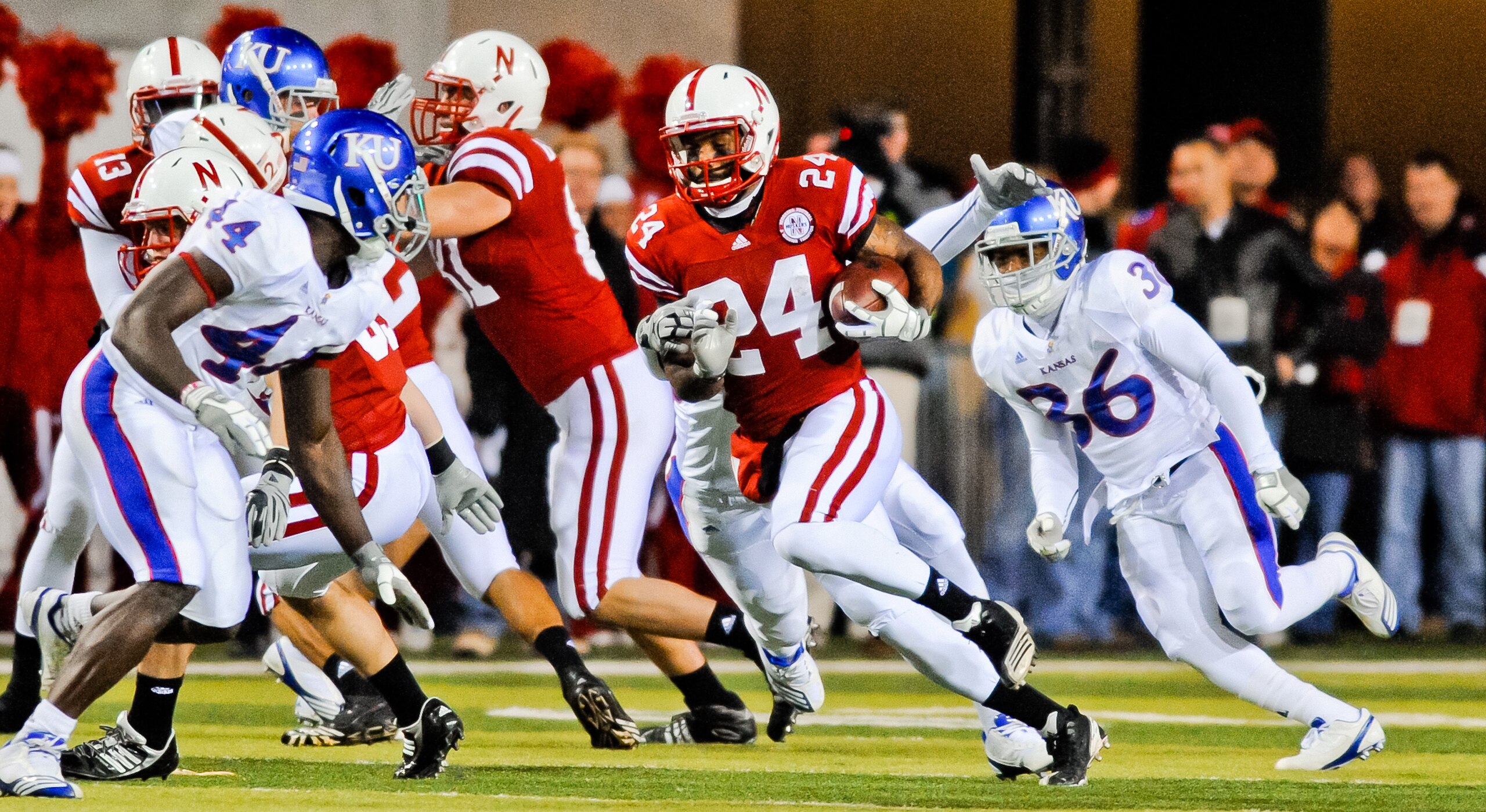 LINCOLN, NE - NOVEMBER 13: Niles Paul #24 of the Nebraska Cornhuskers runs after a catch aganst the Kansas Jayhawks during their game at Memorial Stadium on November 13, 2010 in Lincoln, Nebraska. Nebraska Defeated Kansas 20-3. (Photo by Eric Francis/Gett