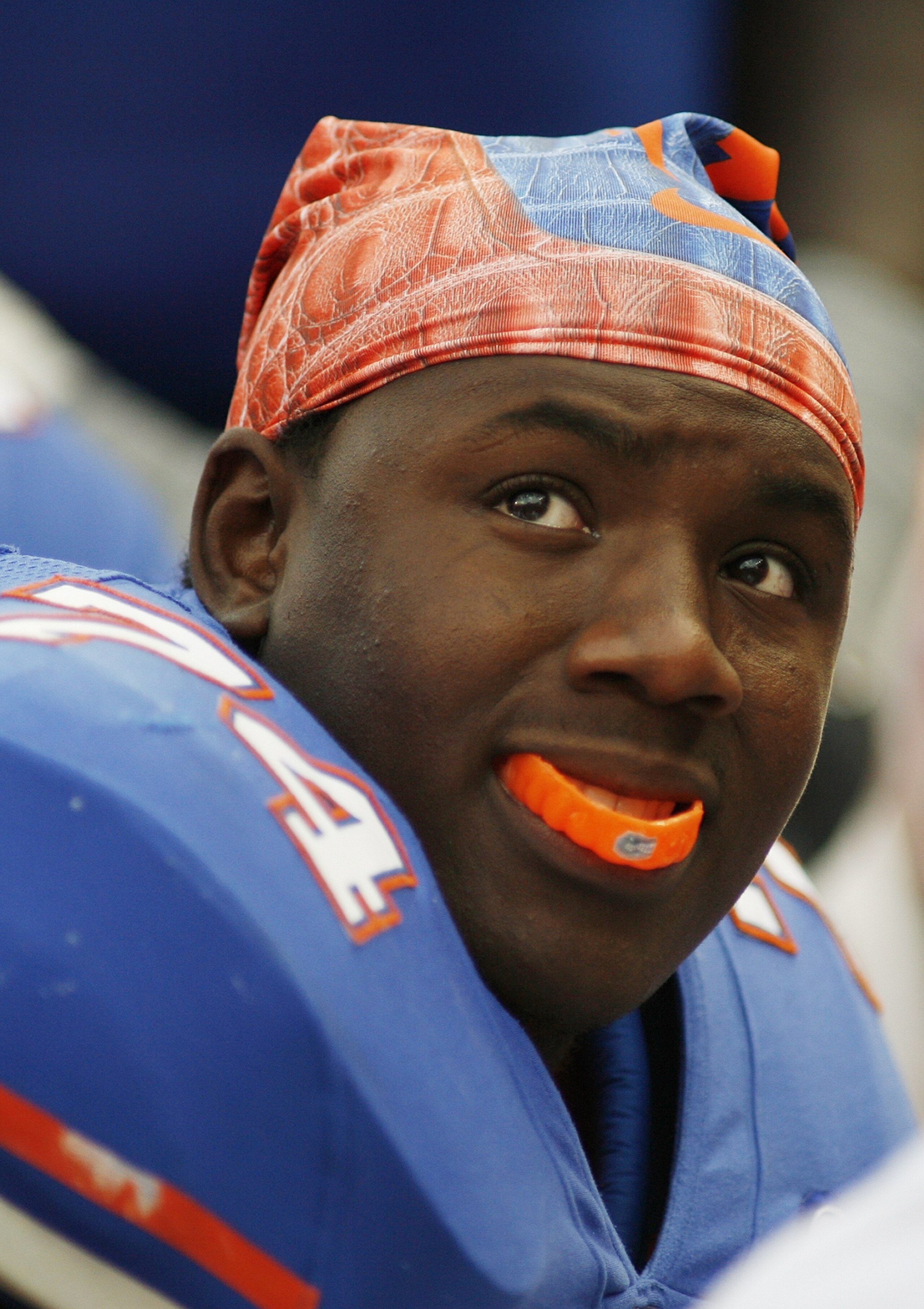 GAINESVILLE, FL - OCTOBER 7:  Offensive lineman Maurice Hurt #74 of the Florida Gators sits on the bench during the game against the LSU Tigers at Ben Hill Griffin Stadium on October 7, 2006 in Gainesville, Florida. Florida won 23-10.  (Photo by Marc Sero