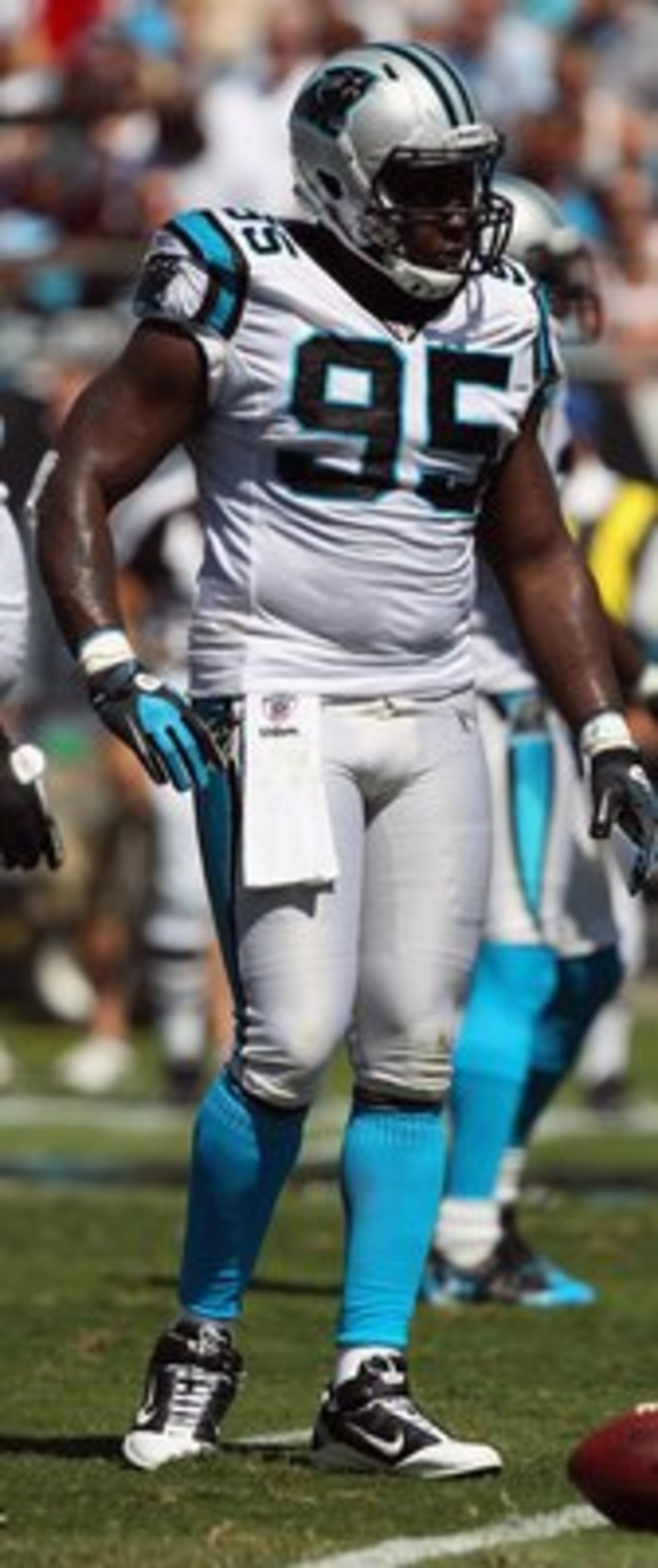 CHARLOTTE, NC - SEPTEMBER 19:  Charles Johnson #95 of the Carolina Panthers during their game at Bank of America Stadium on September 19, 2010 in Charlotte, North Carolina.  (Photo by Streeter Lecka/Getty Images)