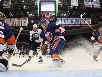 UNIONDALE, NY - APRIL 08:  Dylan Reese #42 of the New York Islanders skates against the Pittsburgh Penguins at the Nassau Coliseum on April 8, 2011 in Uniondale, New York.  (Photo by Bruce Bennett/Getty Images)