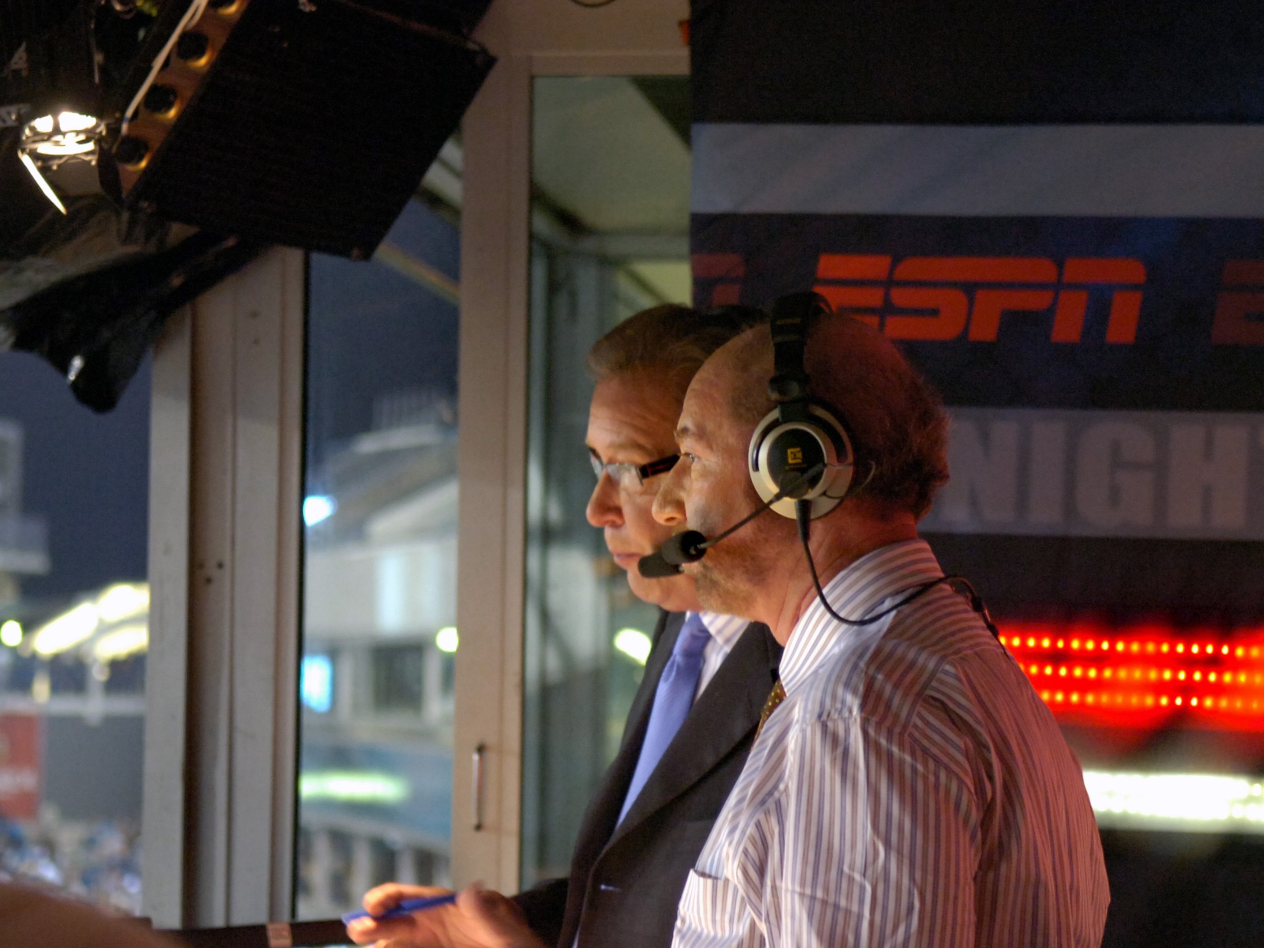 JACKSONVILLE, FL - OCTOBER 22: ESPN analysts Tony Kornheiser and Ron Jaworski check play as the Jacksonville Jaguars host the Indianapolis Colts at the Jacksonville Municipal Stadium on October 22, 2007 in Jacksonville, Florida.  The Colts won 29 - 7. (Ph