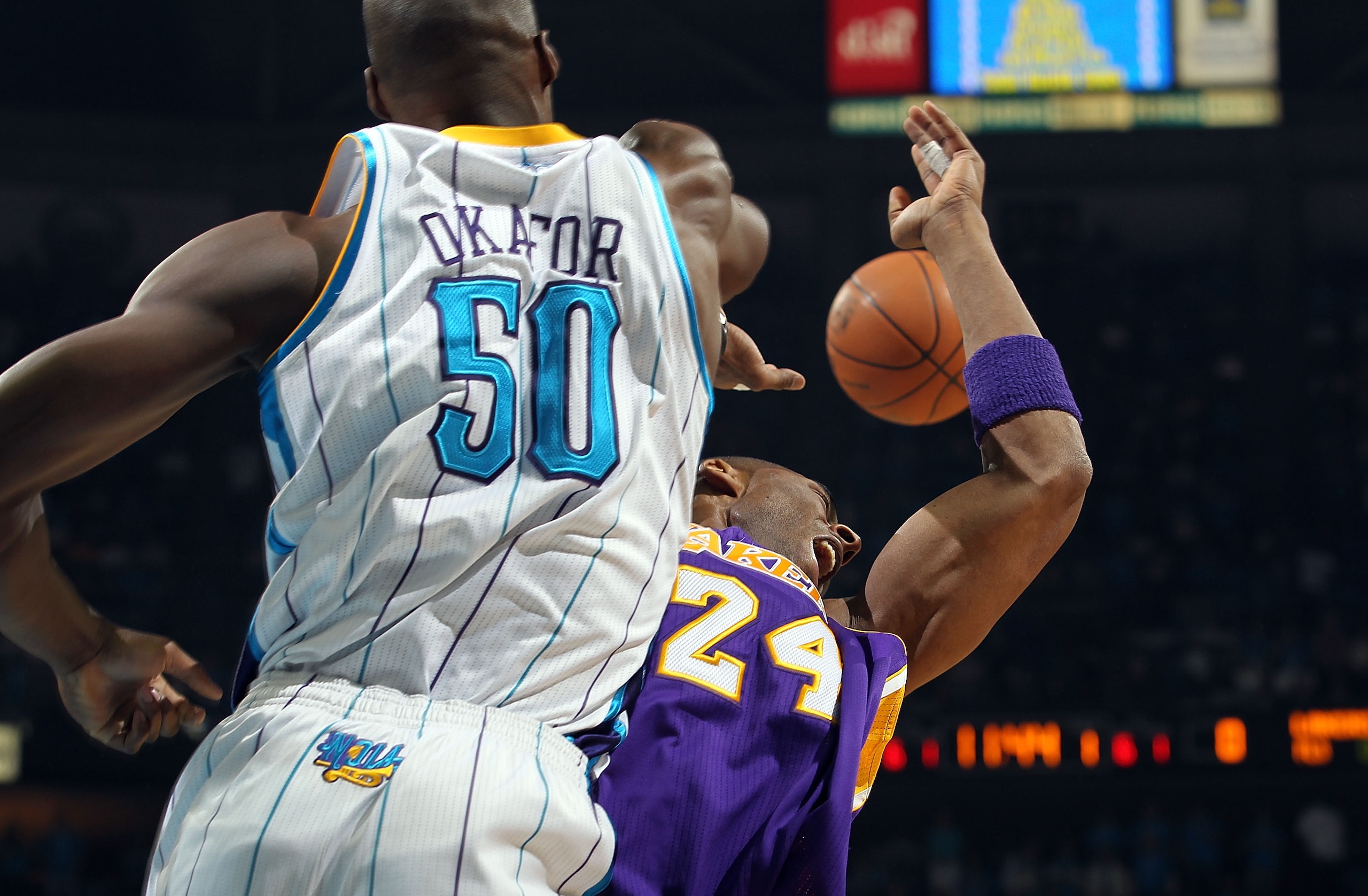 NEW ORLEANS, LA - APRIL 28:  Kobe Bryant #24 of the Los Angeles Lakers is blocked by Emeka Okafor #50 of the New Orleans Hornets in Game Six of the Western Conference Quarterfinals in the 2011 NBA Playoffs on April 28, 2011 at New Orleans Arena in New Orl