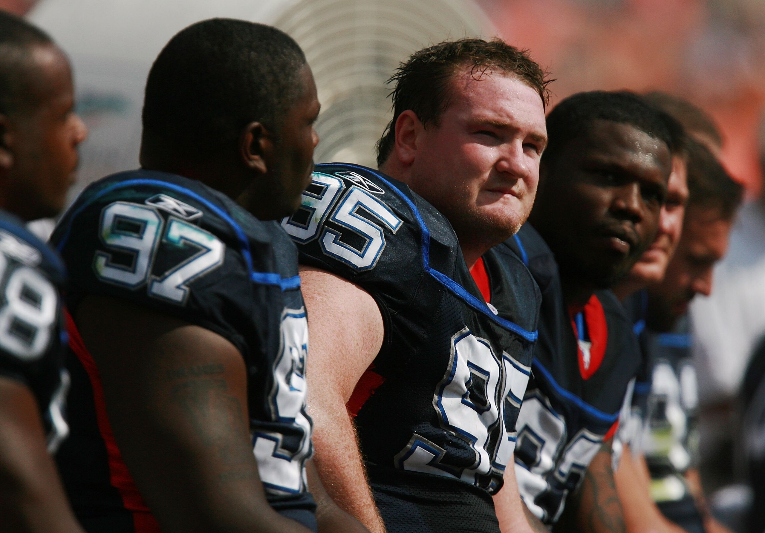 MIAMI - NOVEMBER 11:  Defensive tackle Kyle Williams #95 of the Buffalo Bills sits on the bench while taking on the Miami Dolphins at Dolphin Stadium on November 11, 2007 in Miami, Florida. The Bills defeated the Dolphins 13-10.  (Photo by Doug Benc/Getty