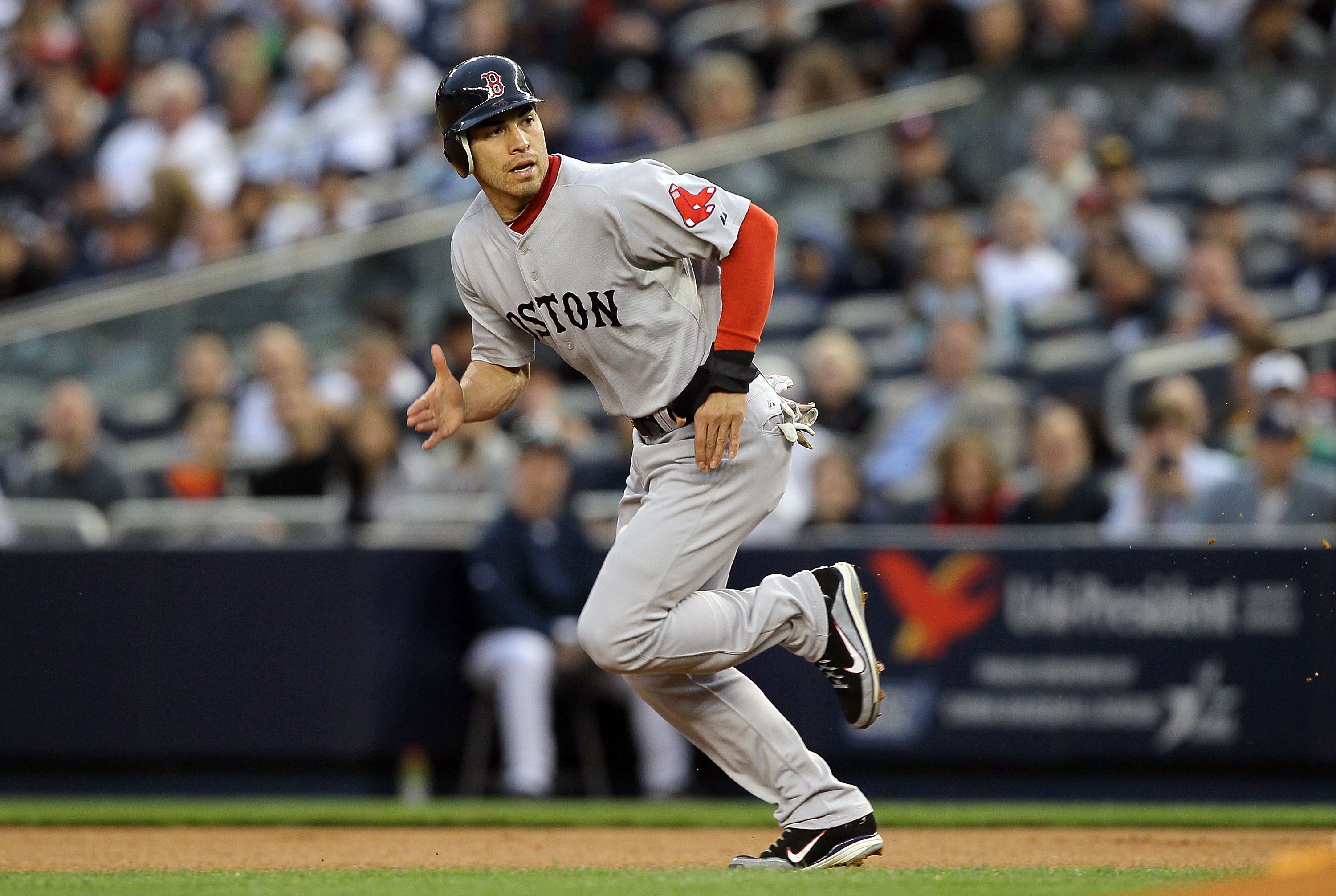 NEW YORK, NY - MAY 14:  Jacoby Ellsbury #2 of the Boston Red Sox heads to second base against the New York Yankees on May 14, 2011 at Yankee Stadium in the Bronx borough of New York City.  (Photo by Jim McIsaac/Getty Images)