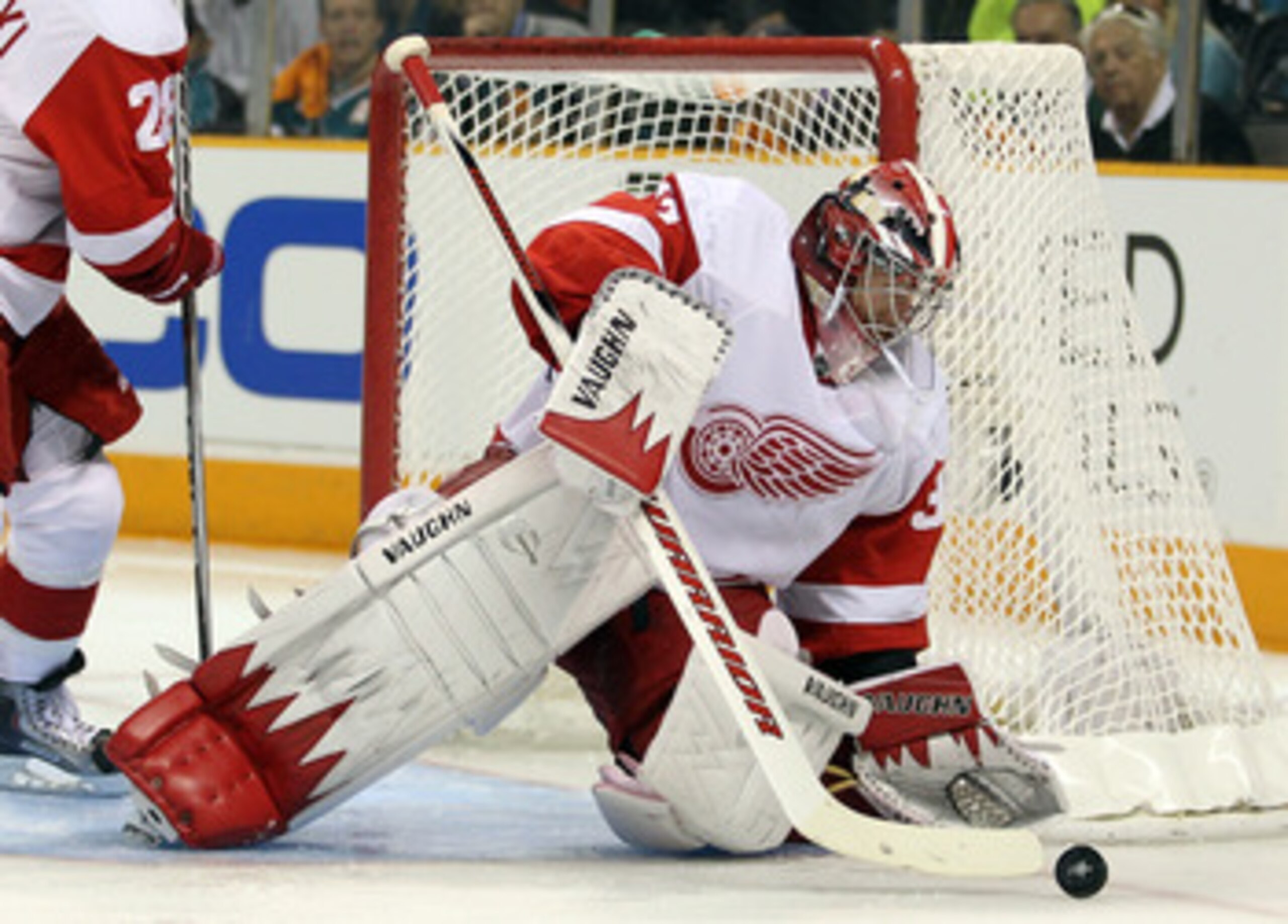SAN JOSE, CA - MAY 12:  Jimmy Howard #35 of the Detroit Red Wings makes a save against the San Jose Sharks in Game Seven of the Western Conference Semifinals during the 2011 NHL Stanley Cup Playoffs at HP Pavilion on May 12, 2011 in San Jose, California. 