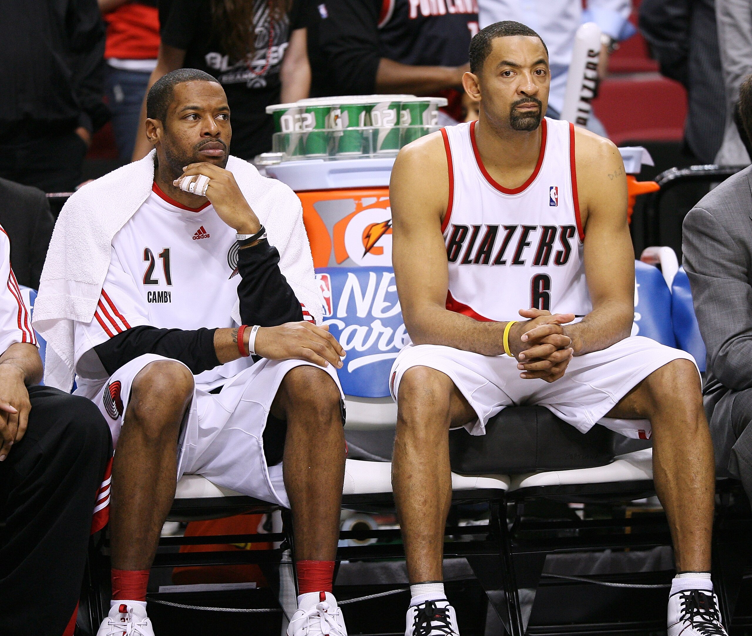 PORTLAND, OR - APRIL 29:  Marcus Camby #21 and Juwan Howard #6 of the Portland Trail Blazers sit on the bench as time runs out against the Phoenix Suns during Game Six of the Western Conference Quarterfinals of the NBA Playoffs on April 29, 2010 at the Ro