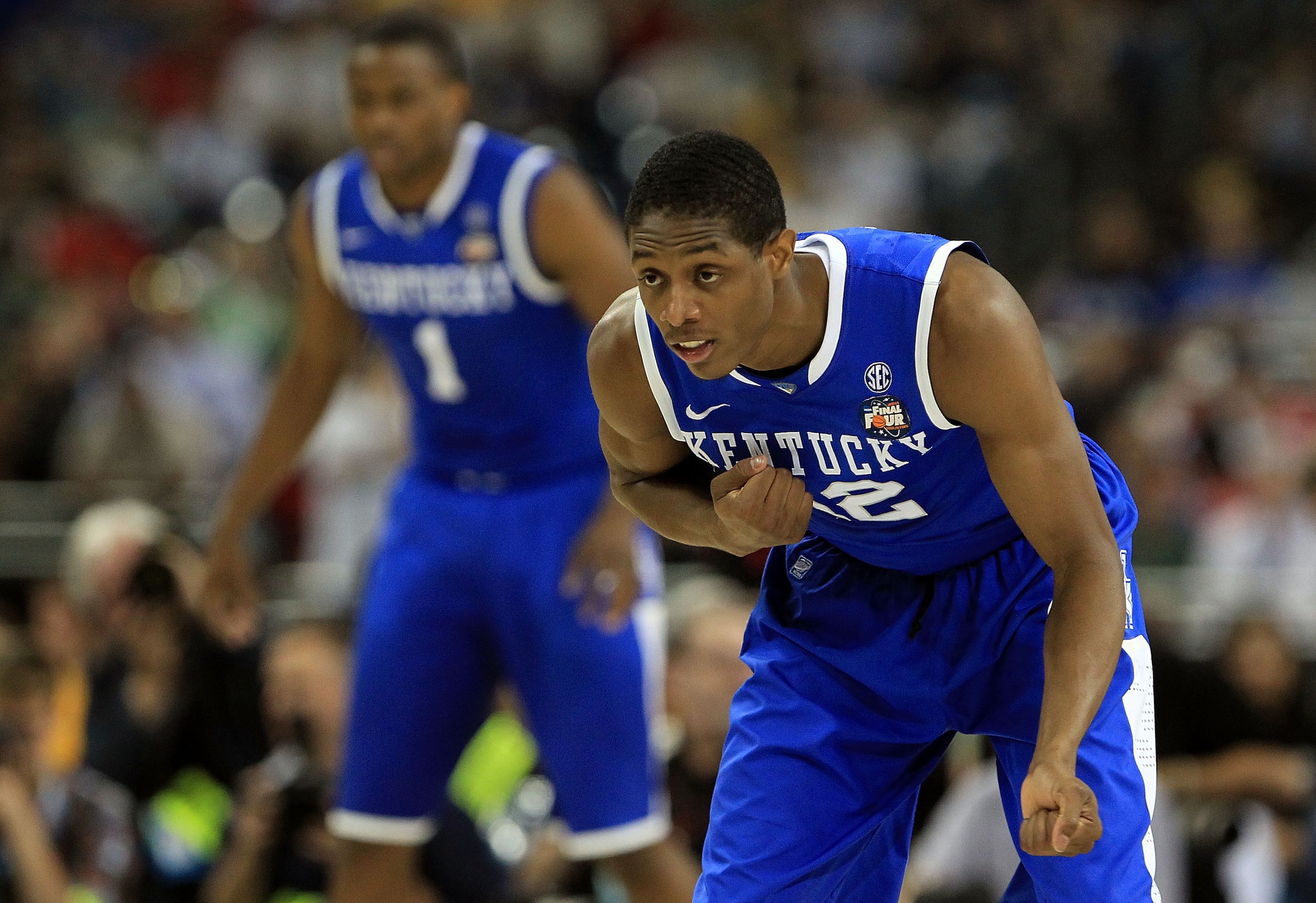 HOUSTON, TX - APRIL 02:  Brandon Knight #12 of the Kentucky Wildcats reacts against the Connecticut Huskies during the National Semifinal game of the 2011 NCAA Division I Men's Basketball Championship at Reliant Stadium on April 2, 2011 in Houston, Texas.
