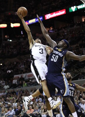 SAN ANTONIO, TX - APRIL 27:  George Hill #3 of the San Antionio Spurs shoots over Zach Randolph #50 of the Memphis Grizzlies in Game Five of the Western Conference Quarterfinals in the 2011 NBA Playoffs on April 27, 2011 at AT&T Center in San Antonio, Tex
