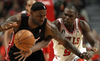 CHICAGO, IL - MAY 15:  Luol Deng #9 of the Chicago Bulls attempts to steal the ball from LeBron James #6 of the Miami Heat in Game One of the Eastern Conference Finals during the 2011 NBA Playoffs on May 15, 2011 at the United Center in Chicago, Illinois.