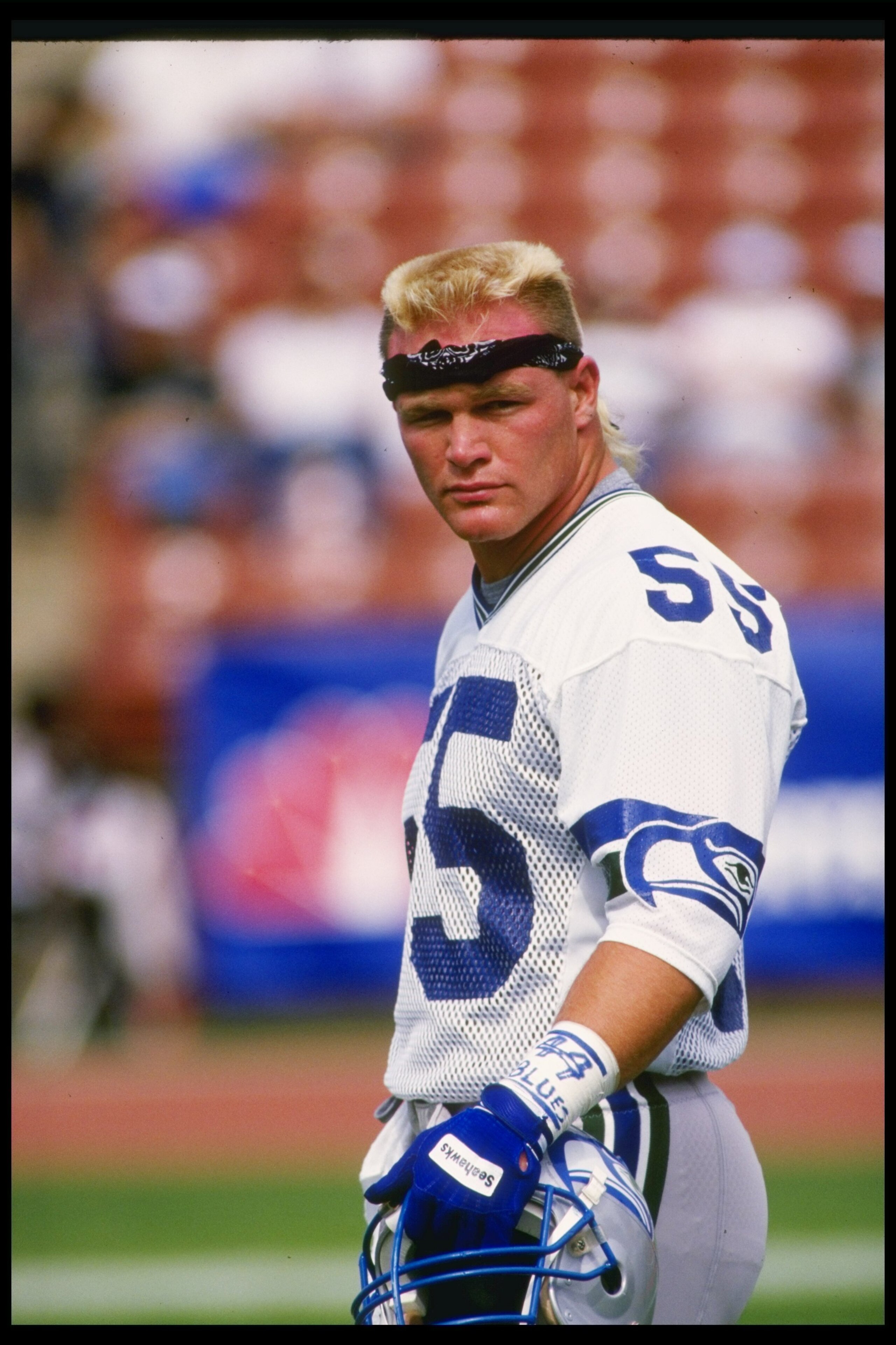 25 Oct 1987: Linebacker Brian Bosworth of the Seattle Seahawks looks on during a game against the Los Angeles Raiders at the Los Angeles Memorial Coliseum in Los Angeles, California. The Seahawks won the game, 35-13.