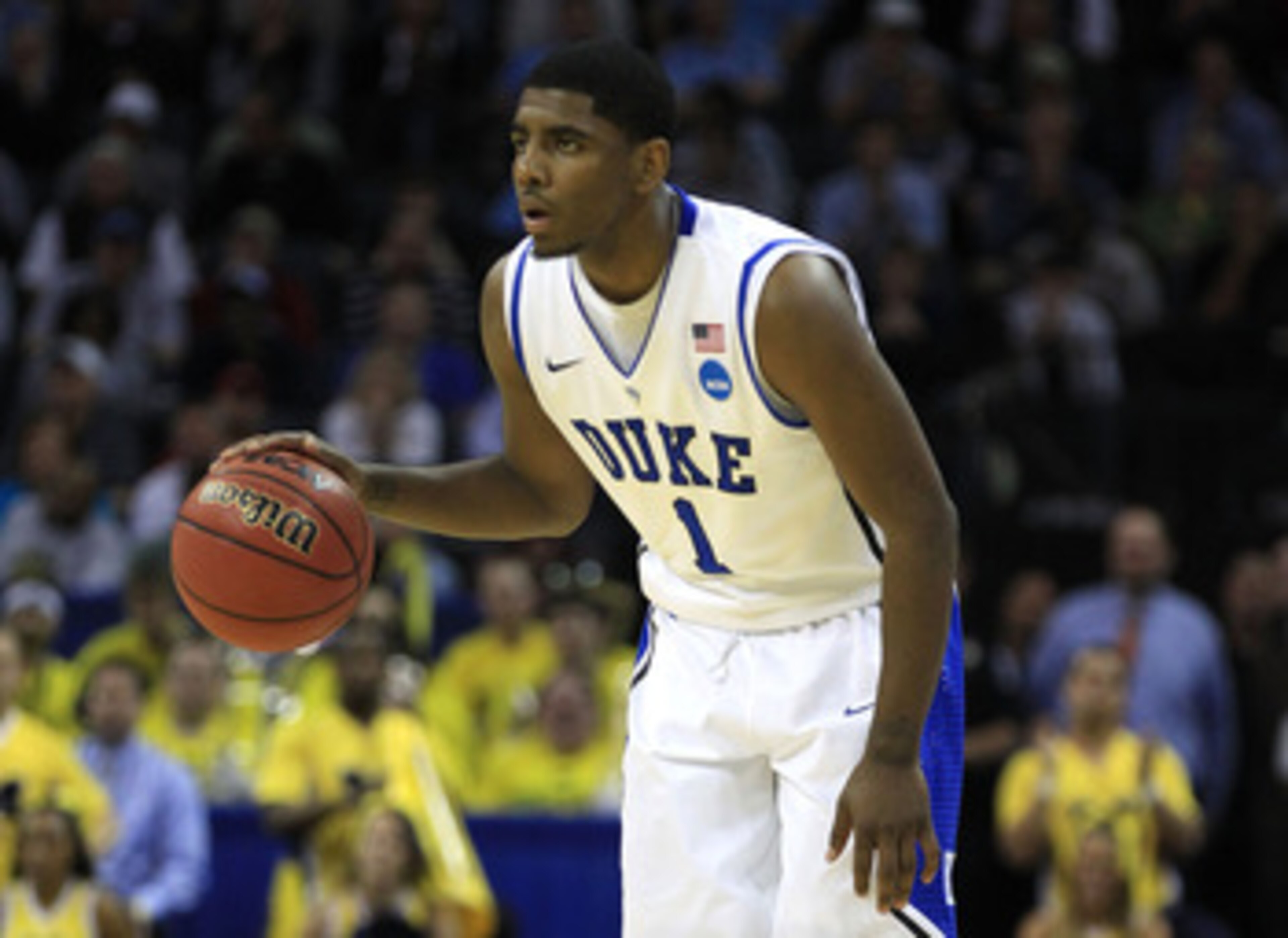 CHARLOTTE, NC - MARCH 20:  Kyrie Irving #1 of the Duke Blue Devils moves the ball while taking on the Michigan Wolverines during the third round of the 2011 NCAA men's basketball tournament at Time Warner Cable Arena on March 20, 2011 in Charlotte, North
