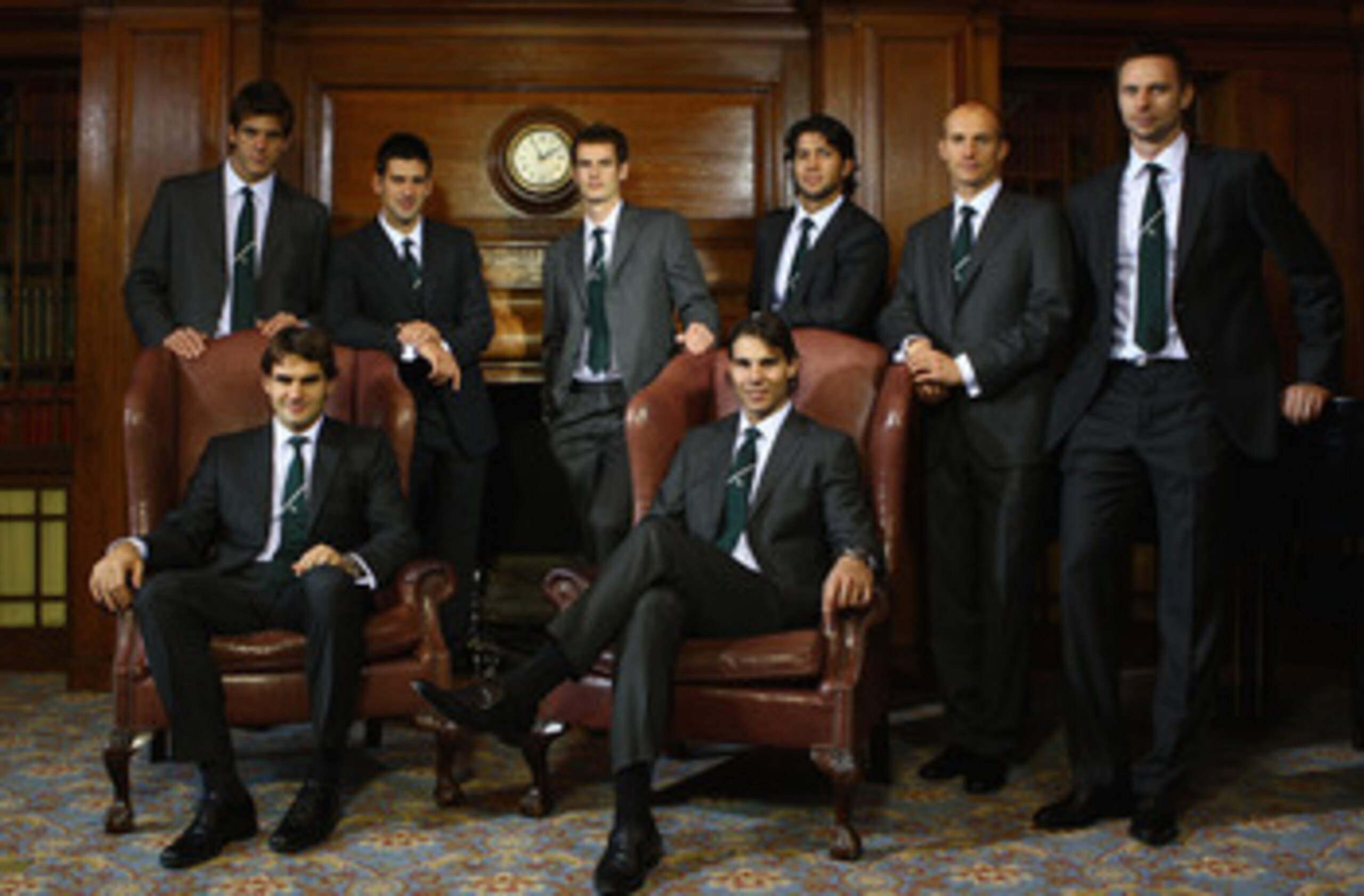 LONDON, ENGLAND - NOVEMBER 20:  (Back L-R) Juan Martin Del Potro of Argentina, Novak Djokovic of Serbia, Andy Murray of Great Britain, Fernando Verdasco of Spain, Nikolay Davydenko of Russia, Robin Soderling of Sweden, Roger Federer of Switzerland and Raf