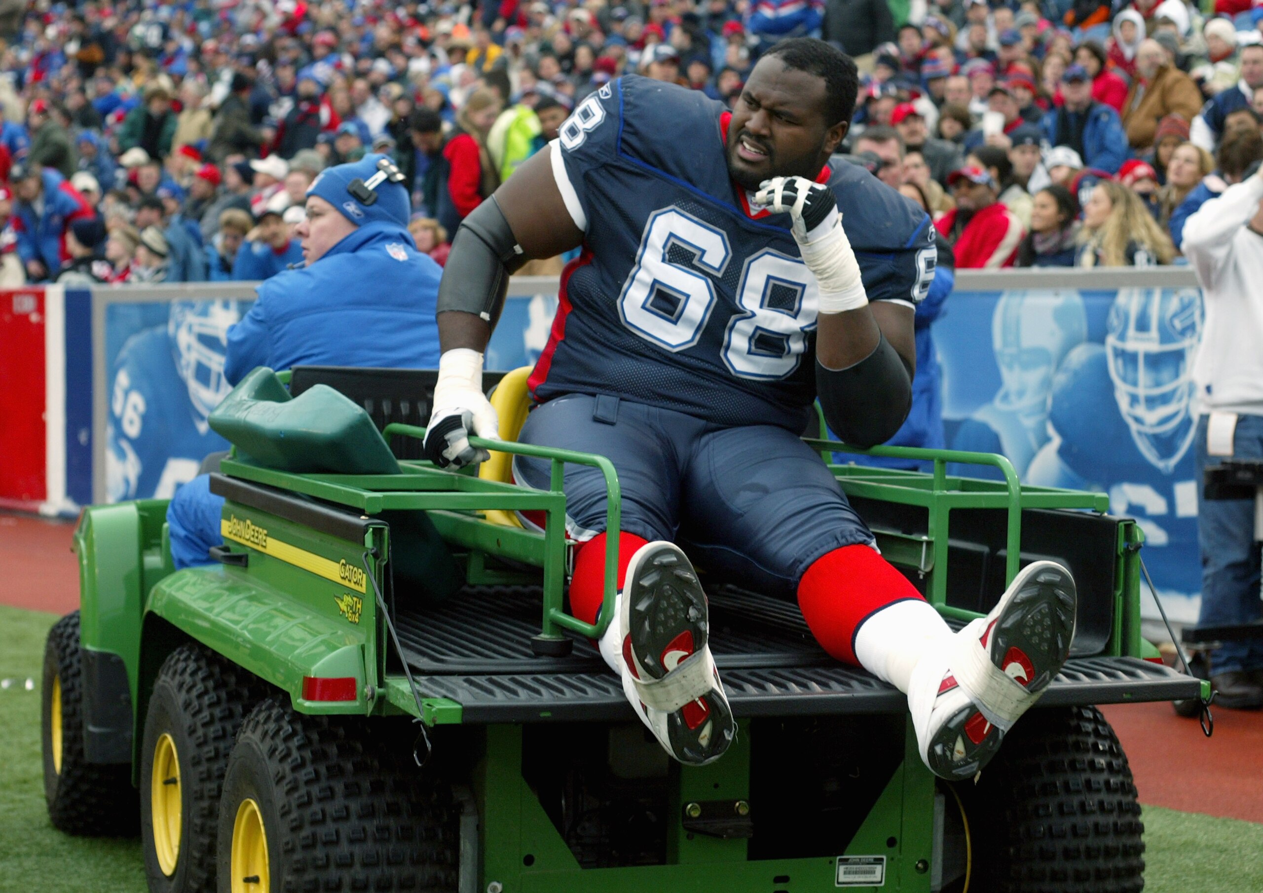 ORCHARD PARK, NY - NOVEMBER 27:  Mike Williams #68 of the Buffalo Bills exits the field injured on the trainer's cart during the NFL game with the Carolina Panthers on November 27, 2005 at Ralph Wilson Stadium in Orchard Park, New York. The Panthers won 9