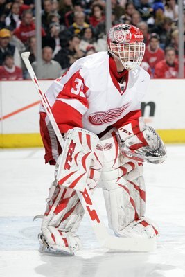 BUFFALO, NY - MARCH 2:  Goaltender Dominik Hasek #39 of the Detroit Red Wings defends his net against the Buffalo Sabres during their NHL game on March 2, 2008 at HSBC Arena in Buffalo, New York. The Red Wings defeated the Sabres 4-2. (Photo by Rick Stewa