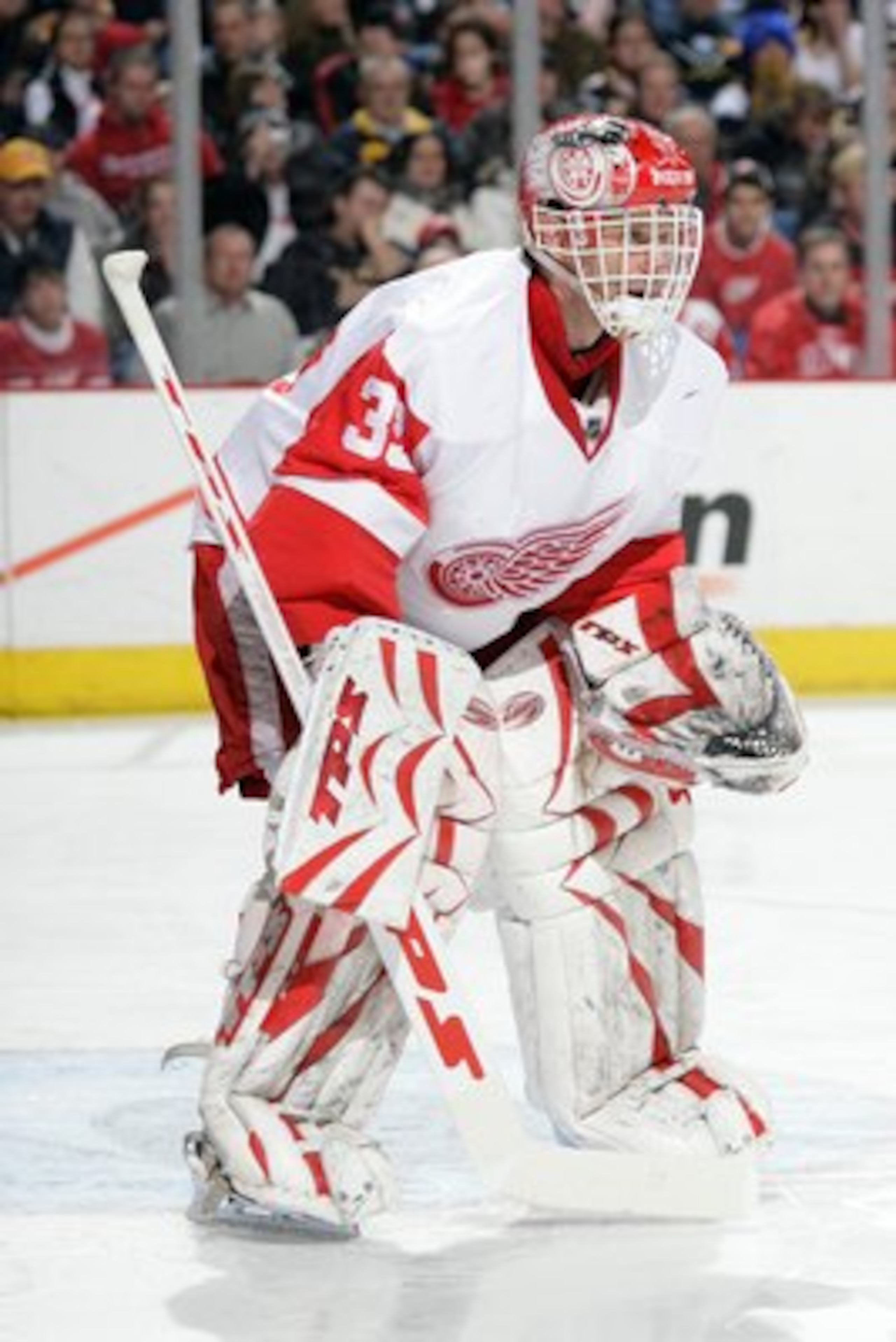 BUFFALO, NY - MARCH 2:  Goaltender Dominik Hasek #39 of the Detroit Red Wings defends his net against the Buffalo Sabres during their NHL game on March 2, 2008 at HSBC Arena in Buffalo, New York. The Red Wings defeated the Sabres 4-2. (Photo by Rick Stewa