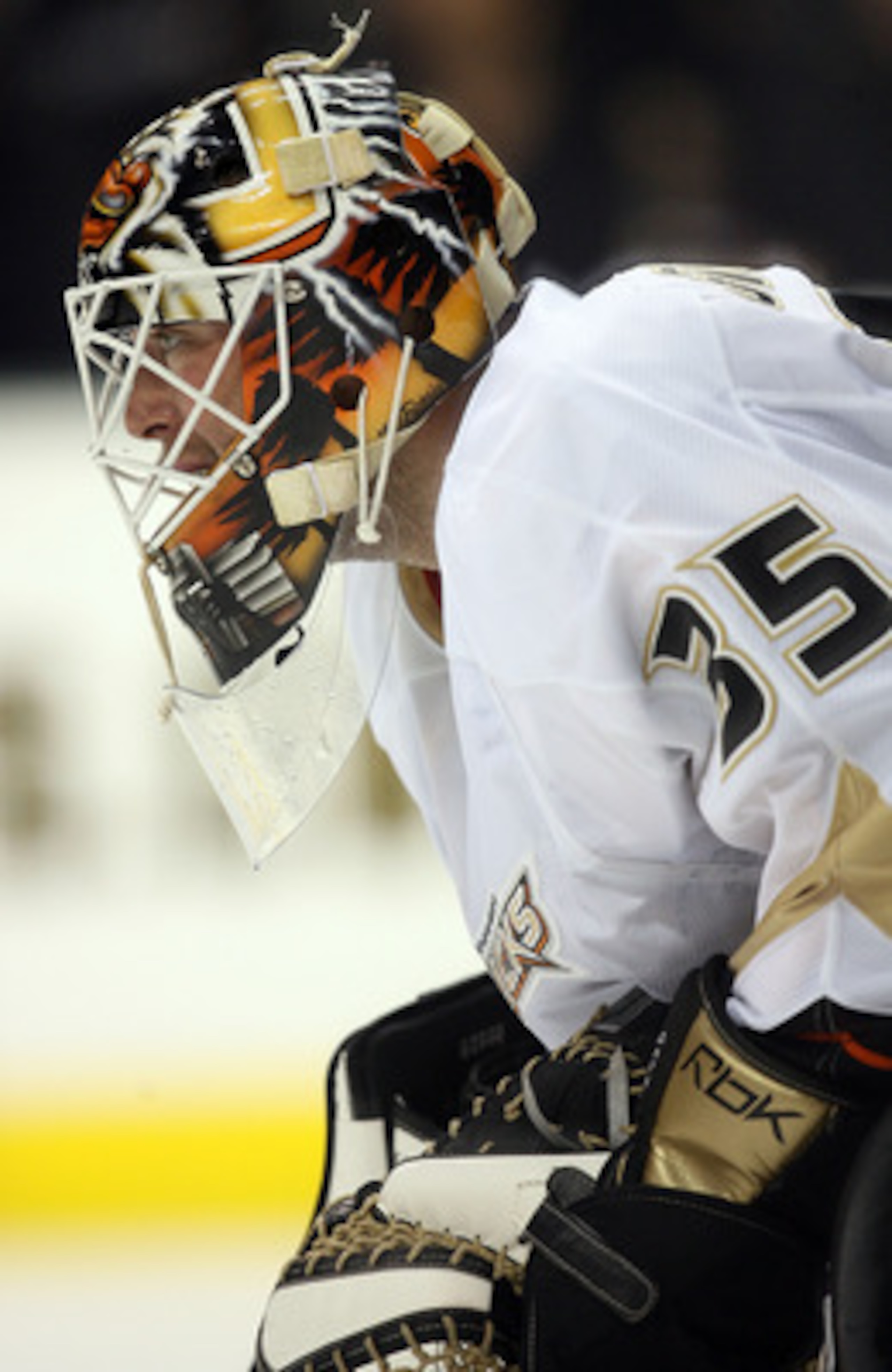 DALLAS - APRIL 15:  Goaltender Jean-Sebastien Giguere #35 of the Anaheim Ducks in goal against the Dallas Stars during game three of the 2008 NHL Western Conference Quarterfinals on April 15, 2008 at the American Airlines Center in Dallas, Texas.  (Photo 