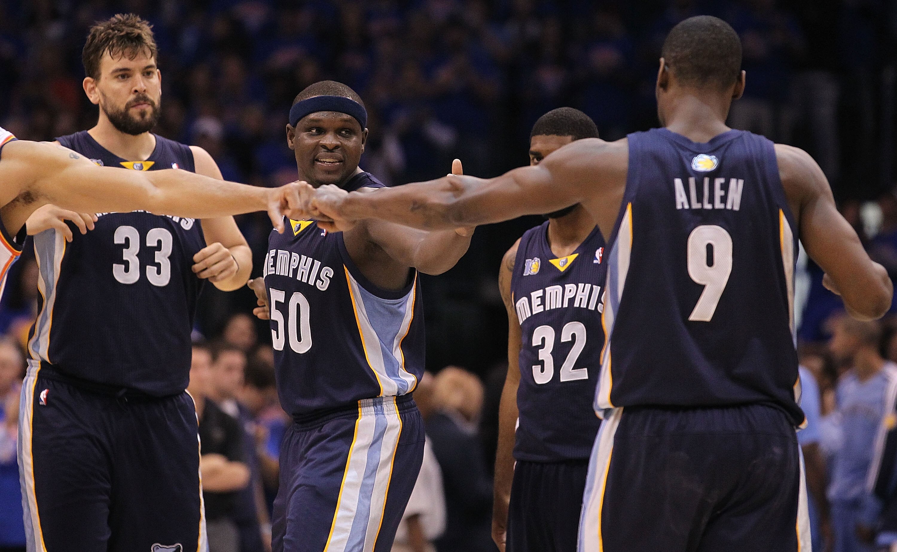 OKLAHOMA CITY, OK - MAY 15:  (L-R) Marc Gasol #33, Zach Randolph #50, O.J. Mayo #32 and Tony Allen #9 of the Memphis Grizzlies before play against the Oklahoma City Thunder in Game Seven of the Western Conference Semifinals in the 2011 NBA Playoffs on May