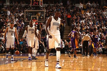 SACRAMENTO, CA - APRIL 13:  Members of the Sacramento Kings look on against the Los Angeles Lakers on April 13, 2011 at Power Balence Pavilion in Sacramento, California. NOTE TO USER: User expressly acknowledges and agrees that, by downloading and/or usin
