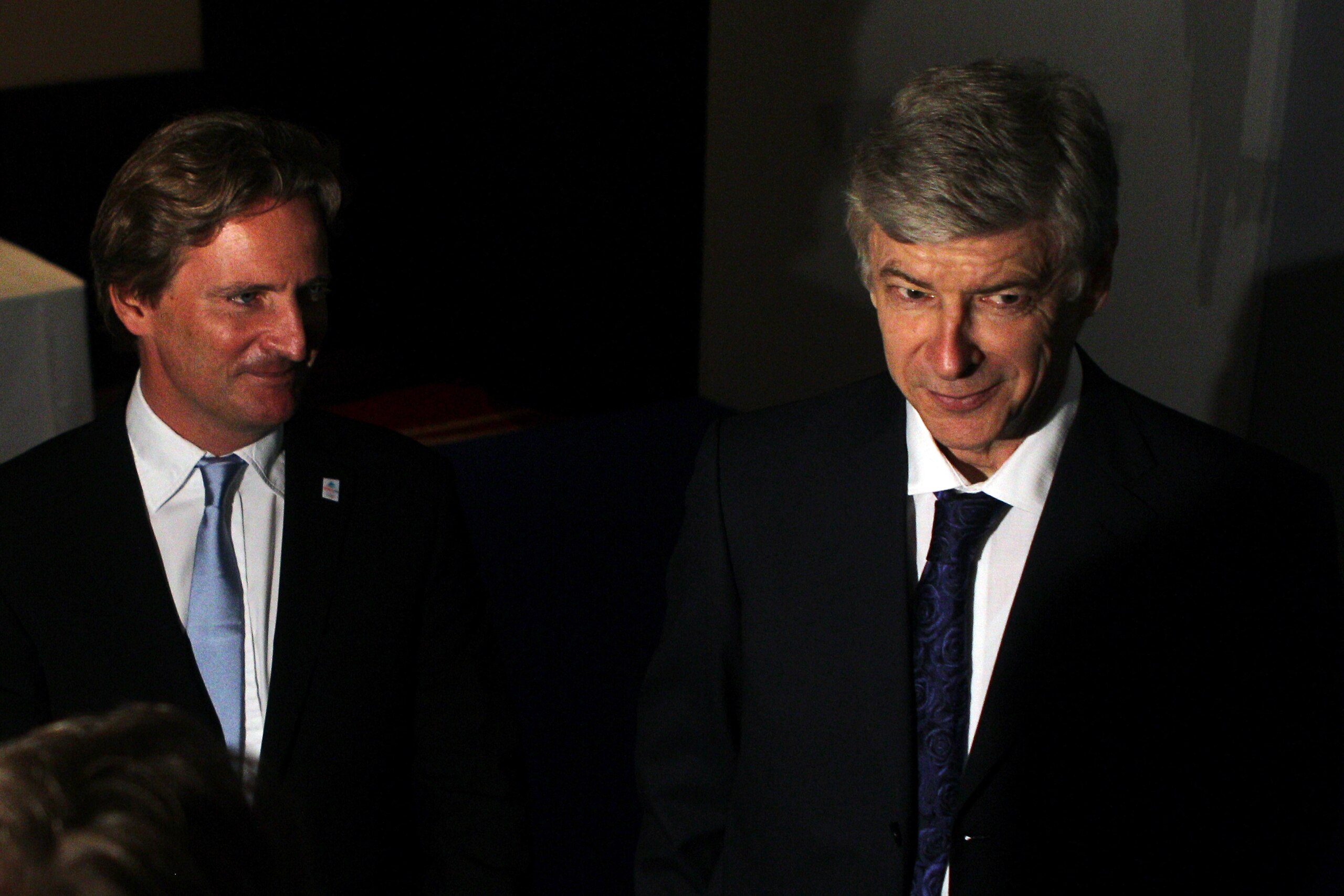 LONDON, ENGLAND - APRIL 07:  Arsenal Manager, Arsene Wenger is pictured showing his support with President for Annecy 2018, Charles Beigbeder (L) during the 2018 Olympics Winter Games bid presentation for Annecy at the Park Plaza Westminster Bridge Hotel