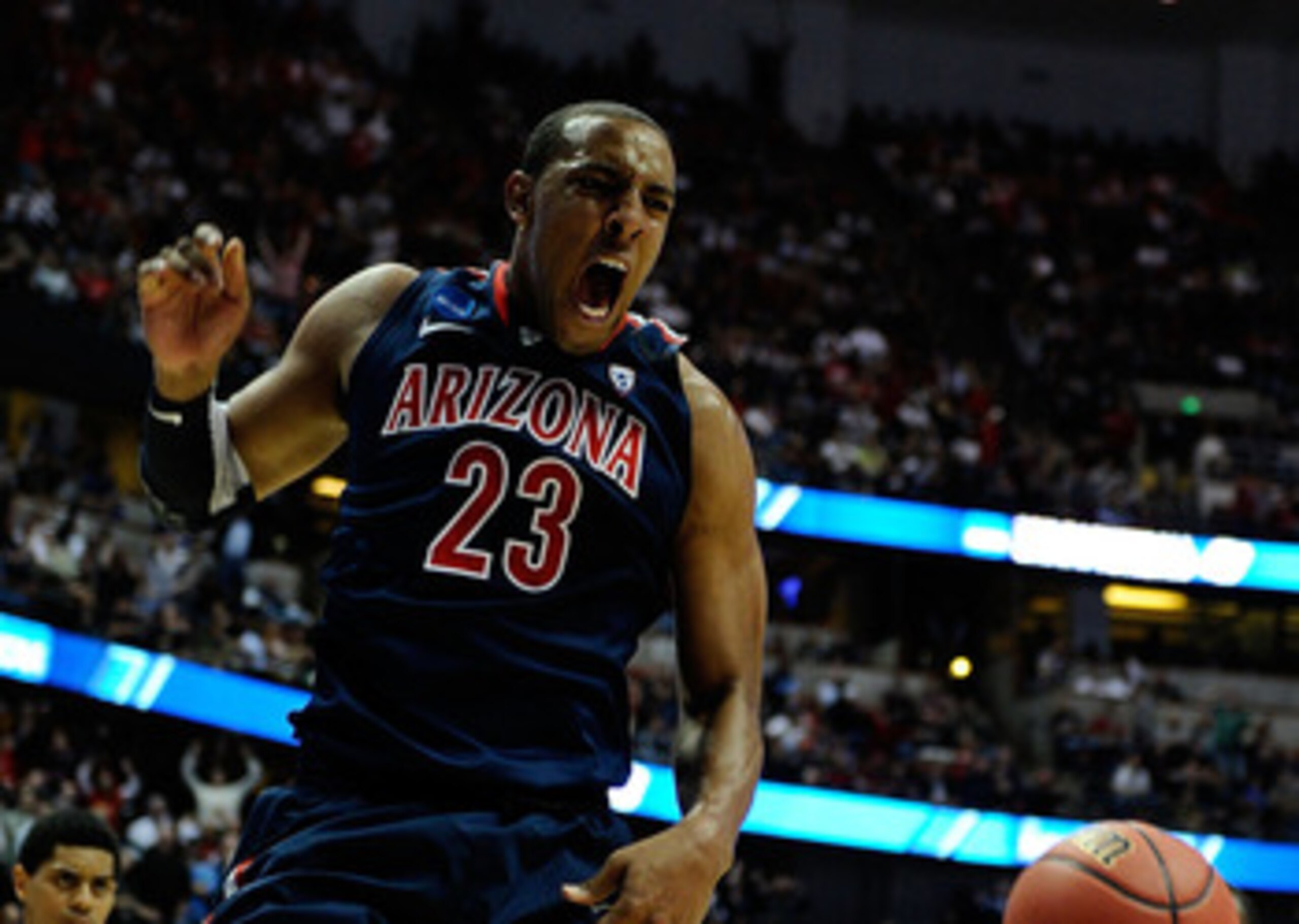 ANAHEIM, CA - MARCH 26:  Derrick Williams #23 of the Arizona Wildcats reacts after a dunk against of the Connecticut Huskies during the west regional final of the 2011 NCAA men's basketball tournament at the Honda Center on March 26, 2011 in Anaheim, Cali