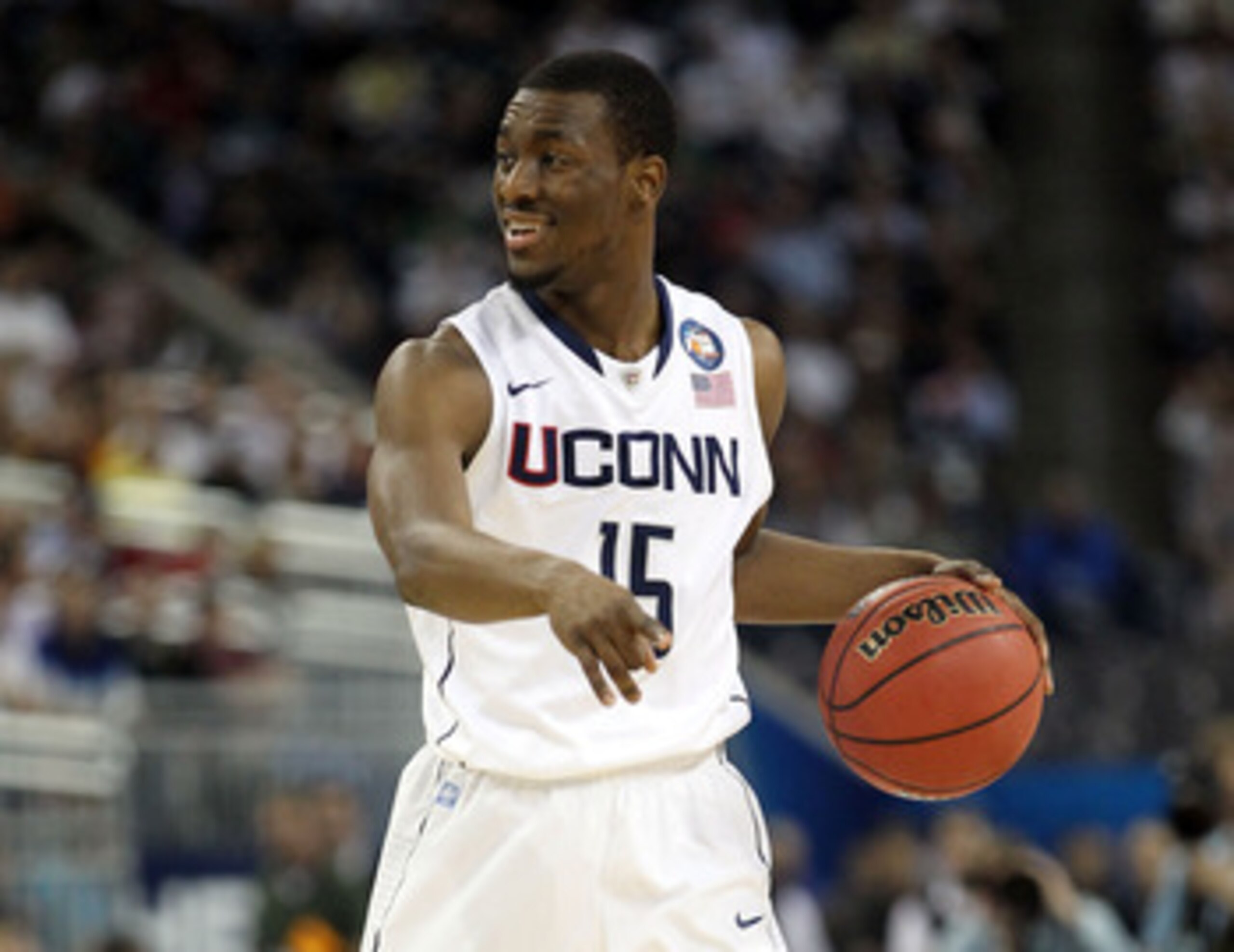 HOUSTON, TX - APRIL 04:  Kemba Walker #15 of the Connecticut Huskies handles the ball against the Butler Bulldogs during the National Championship Game of the 2011 NCAA Division I Men's Basketball Tournament at Reliant Stadium on April 4, 2011 in Houston,
