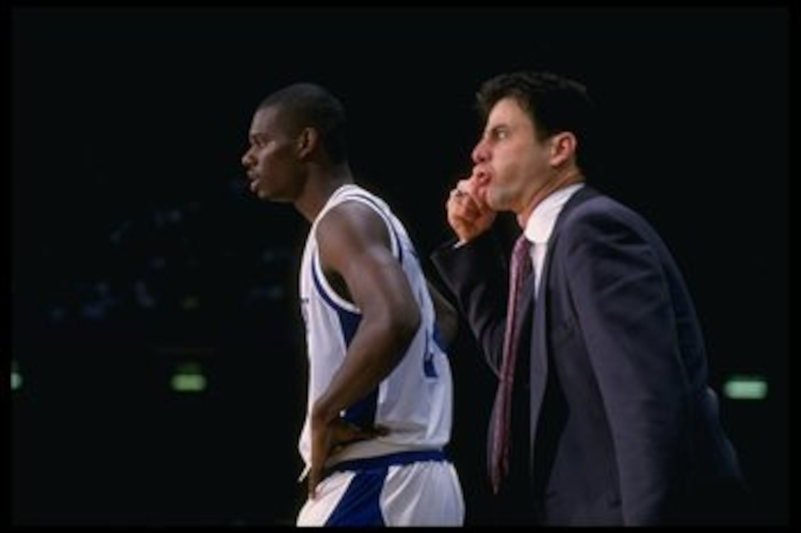 Mar 1993:  Head coach Rick Pitino of the University of Kentucky gesticulates from the sidelines, with player Jamal Mashburn next to him, during the Wildcats game against the Indiana Hoosiers in the 1993 NCAA Final Four tournament. Mandatory Credit: Allspo