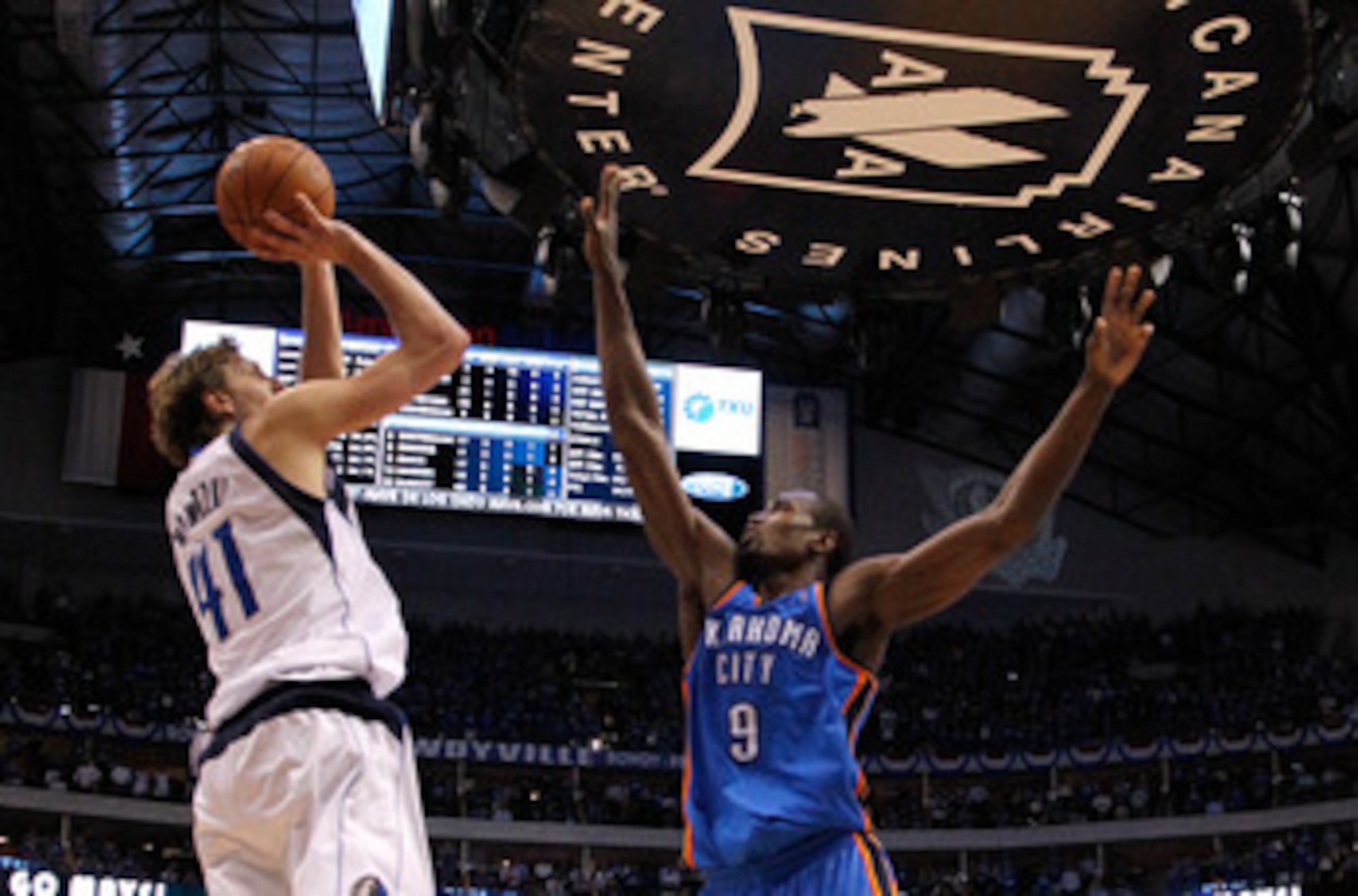 DALLAS, TX - MAY 17:  Dirk Nowitzki #41 of the Dallas Mavericks shoots over Serge Ibaka #9 of the Oklahoma City Thunder in Game One of the Western Conference Finals during the 2011 NBA Playoffs at American Airlines Center on May 17, 2011 in Dallas, Texas.