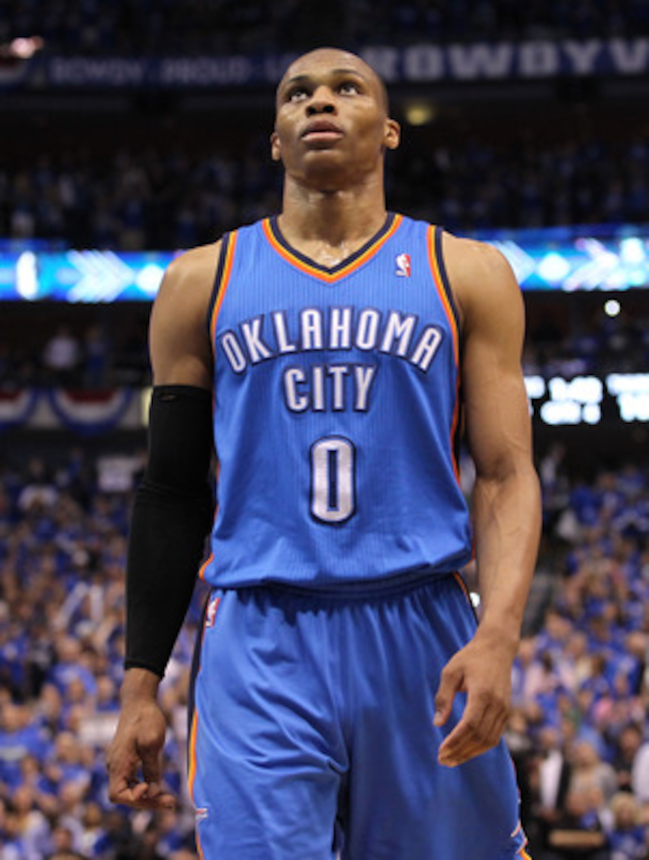 DALLAS, TX - MAY 17:  Russell Westbrook #0 of the Oklahoma City Thunder reacts while taking on the Dallas Mavericks in Game One of the Western Conference Finals during the 2011 NBA Playoffs at American Airlines Center on May 17, 2011 in Dallas, Texas. NOT