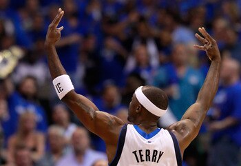 DALLAS, TX - MAY 17: Jason Terry #31 of the Dallas Mavericks reacts while taking on the Oklahoma City Thunder in Game One of the Western Conference Finals during the 2011 NBA Playoffs at American Airlines Center on May 17, 2011 in Dallas, Texas. NOTE TO DALLAS, TX - MAY 17: Jason Terry #31 of the Dallas Mavericks reacts while taking on the Oklahoma City Thunder in Game One of the Western Conference Finals during the 2011 NBA Playoffs at American Airlines Center on May 17, 2011 in Dallas, Texas. NOTE TO