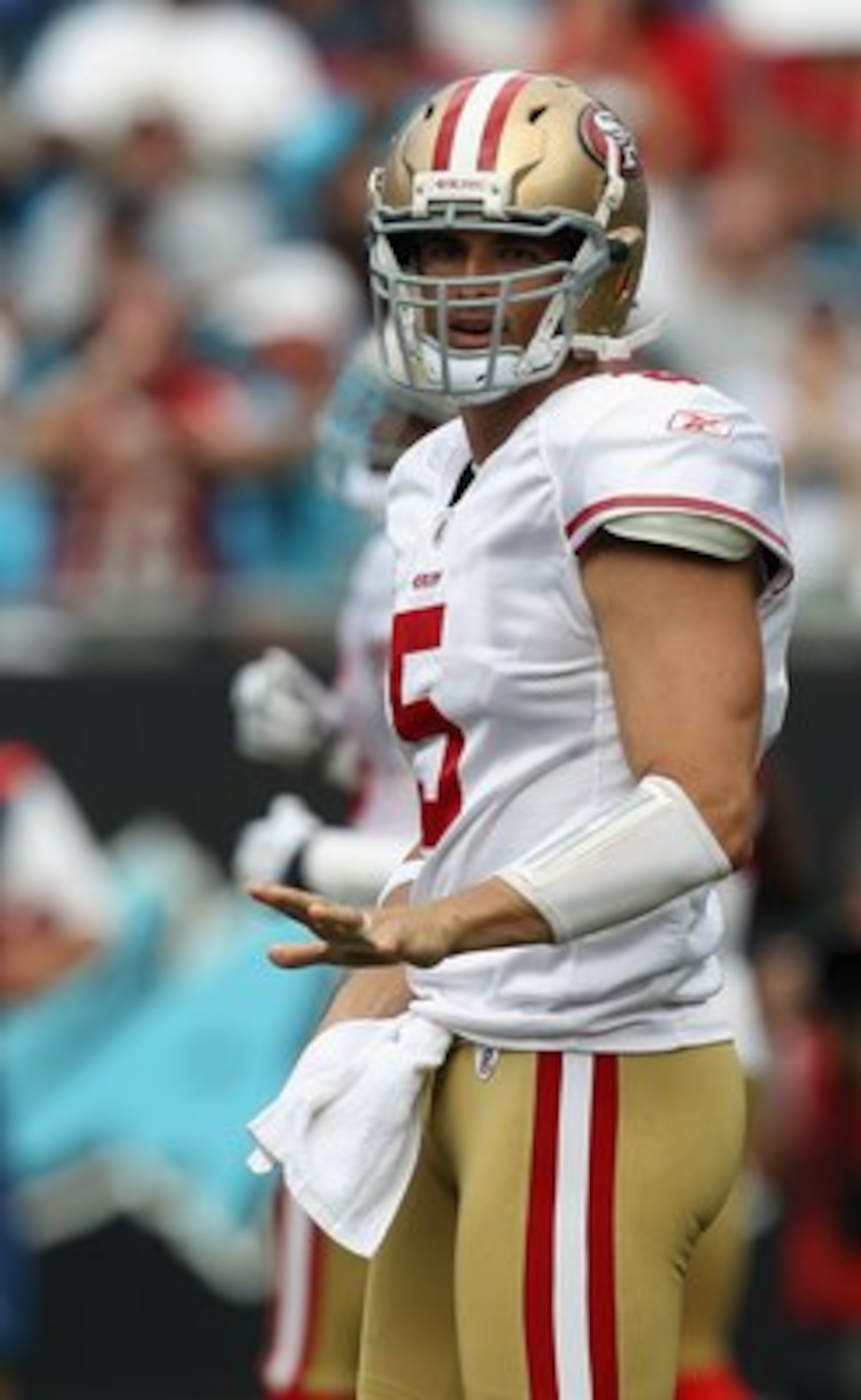 CHARLOTTE, NC - OCTOBER 24:  David Carr #5 of the San Francisco 49ers against the Carolina Panthers during their game at Bank of America Stadium on October 24, 2010 in Charlotte, North Carolina.  (Photo by Streeter Lecka/Getty Images)