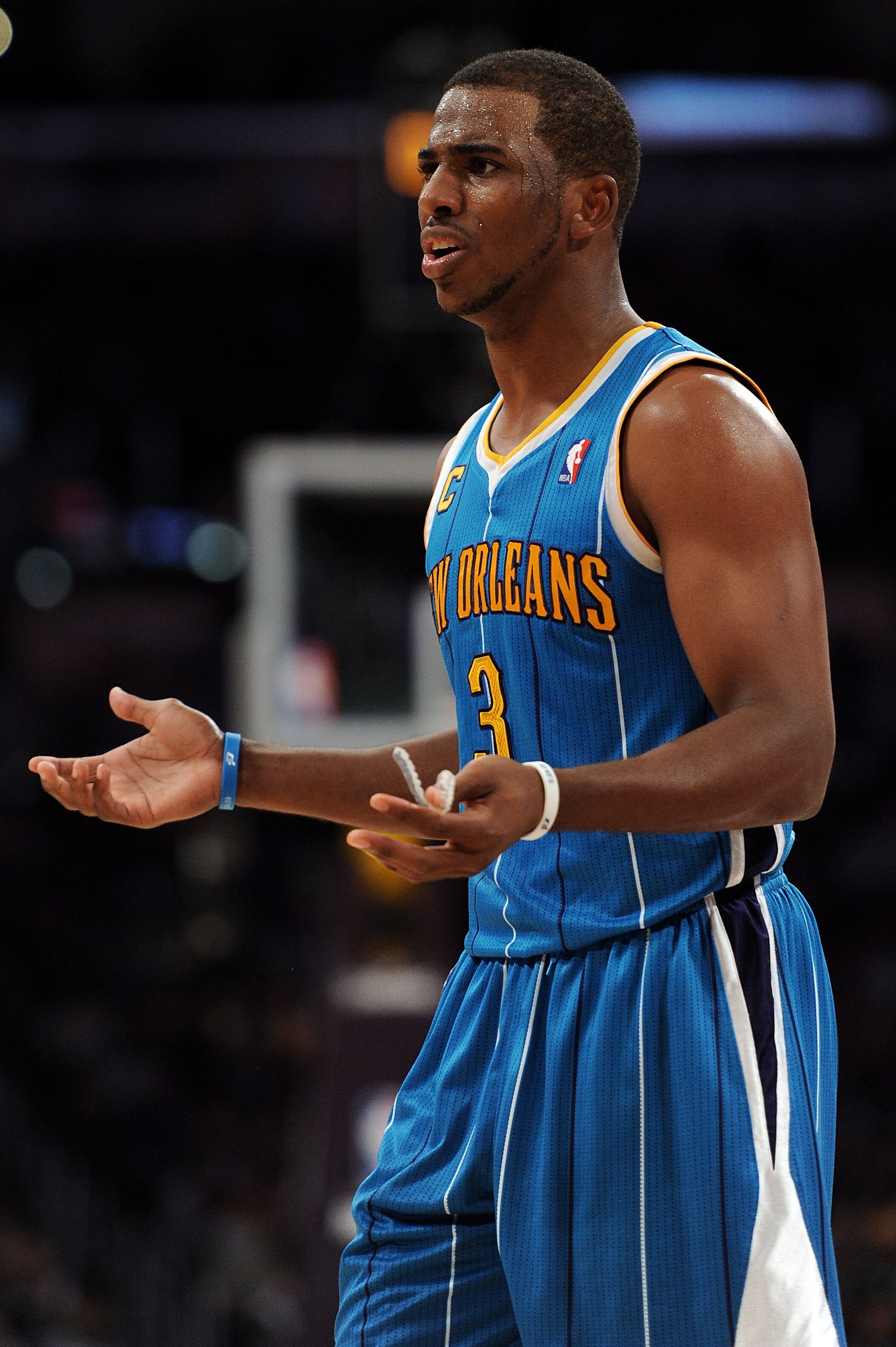 LOS ANGELES, CA - APRIL 20:  Chris Paul #3 of the New Orleans Hornets reacts while taking on the Los Angeles Lakers in Game Two of the Western Conference Quarterfinals in the 2011 NBA Playoffs on April 20, 2011 at Staples Center in Los Angeles, California
