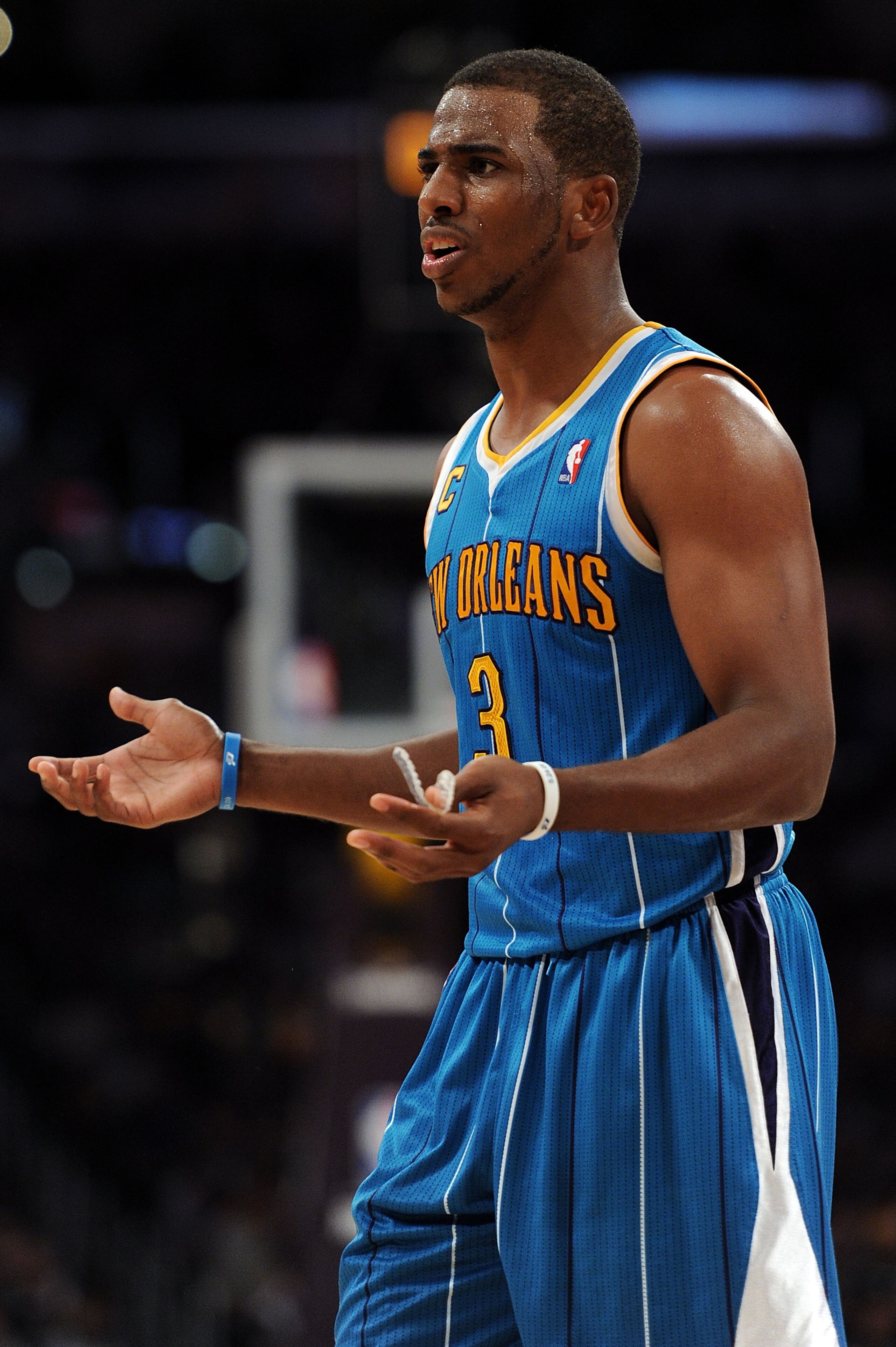 LOS ANGELES, CA - APRIL 20:  Chris Paul #3 of the New Orleans Hornets reacts while taking on the Los Angeles Lakers in Game Two of the Western Conference Quarterfinals in the 2011 NBA Playoffs on April 20, 2011 at Staples Center in Los Angeles, California