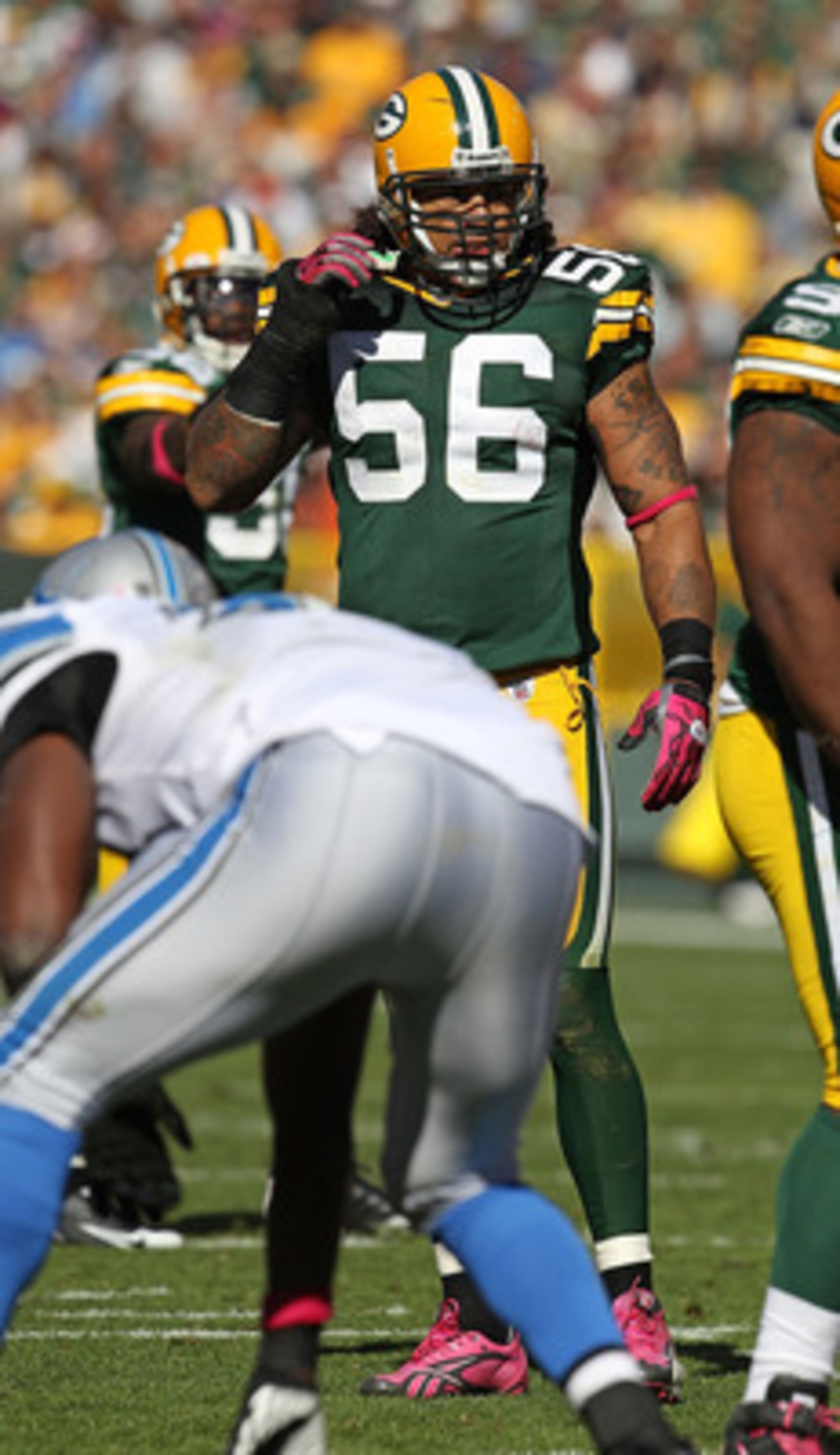 GREEN BAY, WI - OCTOBER 03: Nick Barnett #56 of the Green Bay Packers awaits the start of play against the Detroit Lions at Lambeau Field on October 3, 2010 in Green Bay, Wisconsin. The Packers defeated the Lions 28-26. (Photo by Jonathan Daniel/Getty Ima GREEN BAY, WI - OCTOBER 03: Nick Barnett #56 of the Green Bay Packers awaits the start of play against the Detroit Lions at Lambeau Field on October 3, 2010 in Green Bay, Wisconsin. The Packers defeated the Lions 28-26. (Photo by Jonathan Daniel/Getty Ima