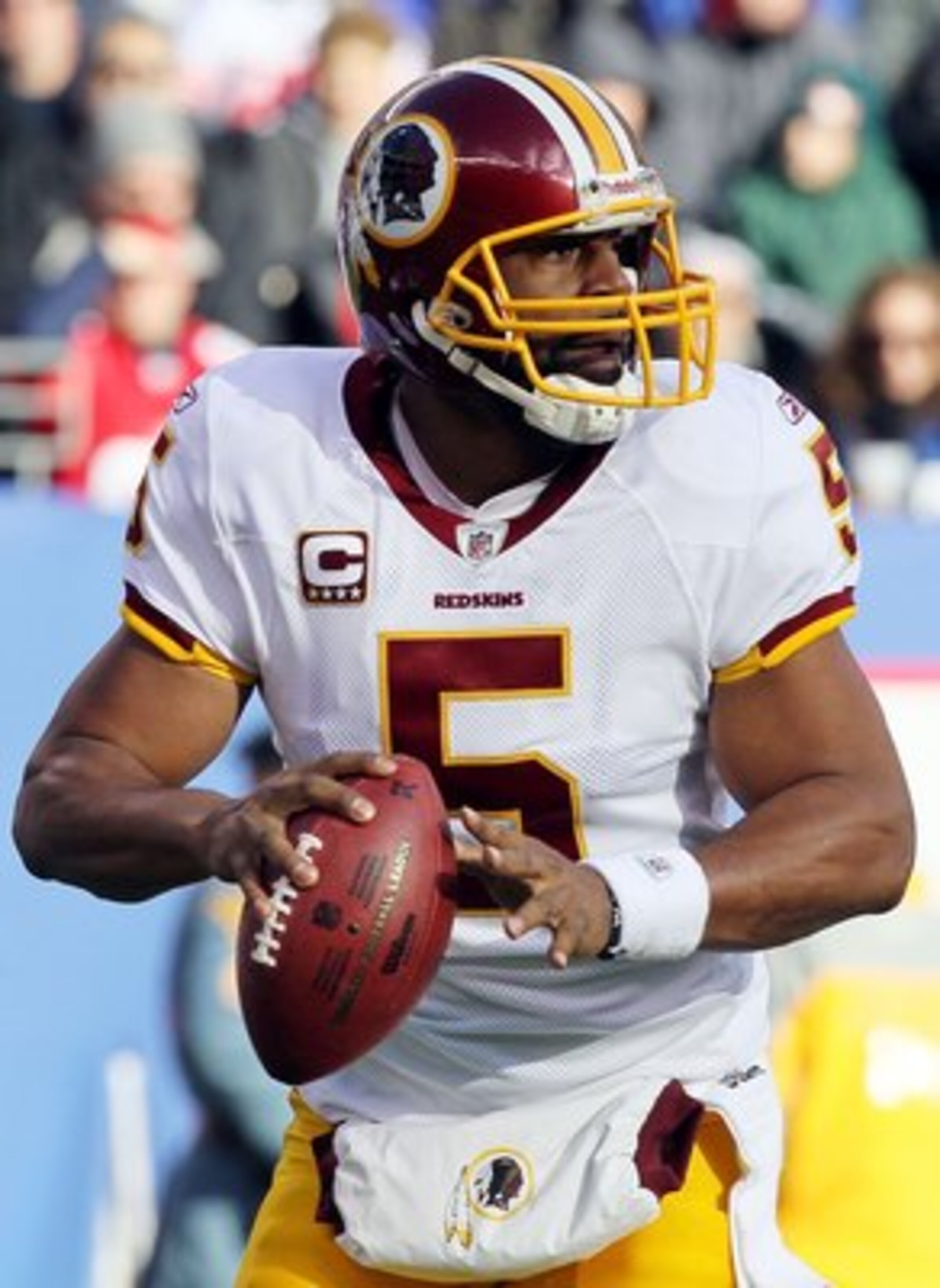 EAST RUTHERFORD, NJ - DECEMBER 05: Donovan McNabb #5 of the Washington Redskins looks to throw a pass against the New York Giants on December 5, 2010 at the New Meadowlands Stadium in East Rutherford, New Jersey. The Giants defeated the Redskins 31-7. ( EAST RUTHERFORD, NJ - DECEMBER 05: Donovan McNabb #5 of the Washington Redskins looks to throw a pass against the New York Giants on December 5, 2010 at the New Meadowlands Stadium in East Rutherford, New Jersey. The Giants defeated the Redskins 31-7. (