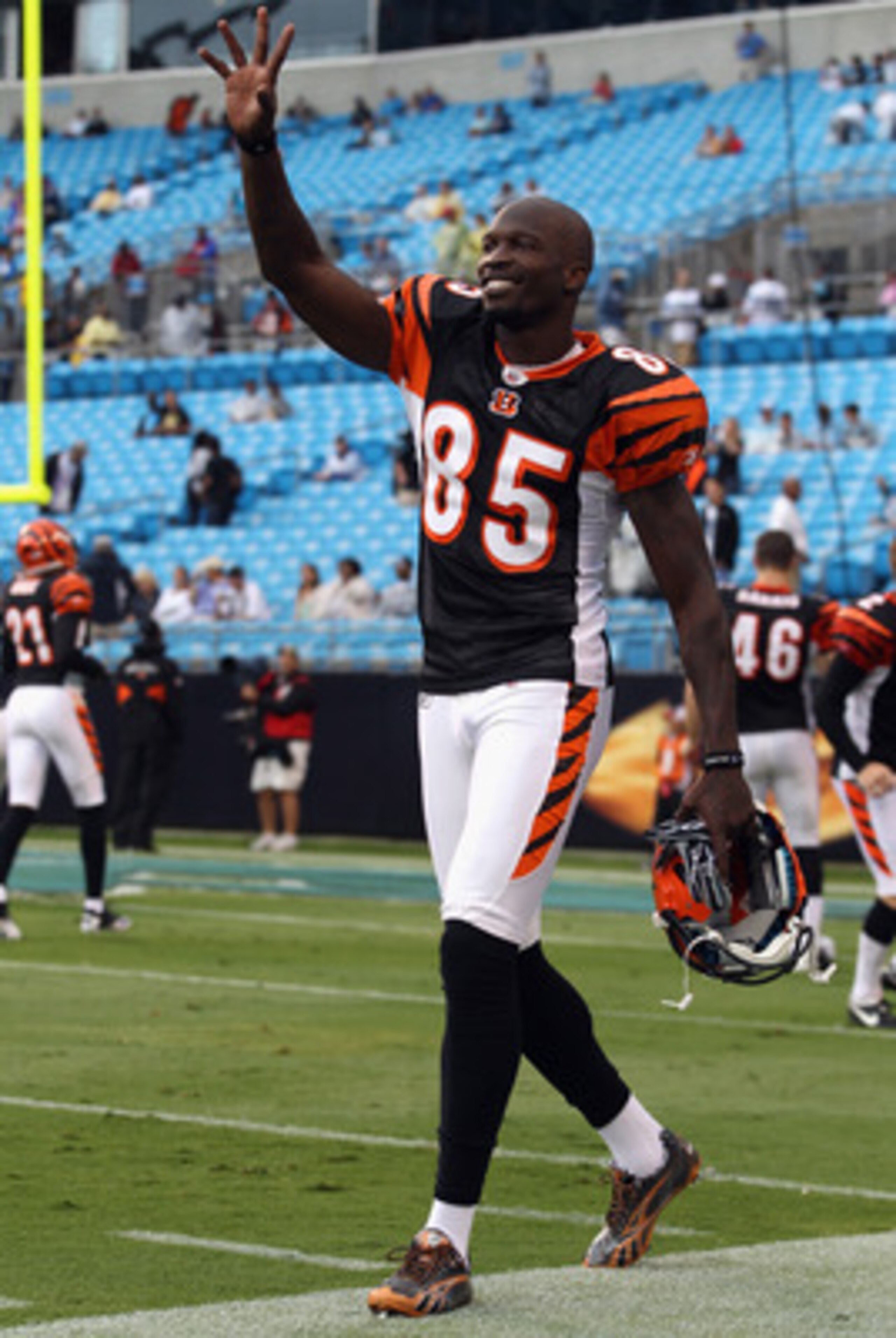 CHARLOTTE, NC - SEPTEMBER 26: Chad Ochocinco #85 of the Cincinnati Bengals waves to the Carolina Panthers before the start of their game at Bank of America Stadium on September 26, 2010 in Charlotte, North Carolina. (Photo by Streeter Lecka/Getty Images CHARLOTTE, NC - SEPTEMBER 26: Chad Ochocinco #85 of the Cincinnati Bengals waves to the Carolina Panthers before the start of their game at Bank of America Stadium on September 26, 2010 in Charlotte, North Carolina. (Photo by Streeter Lecka/Getty Images