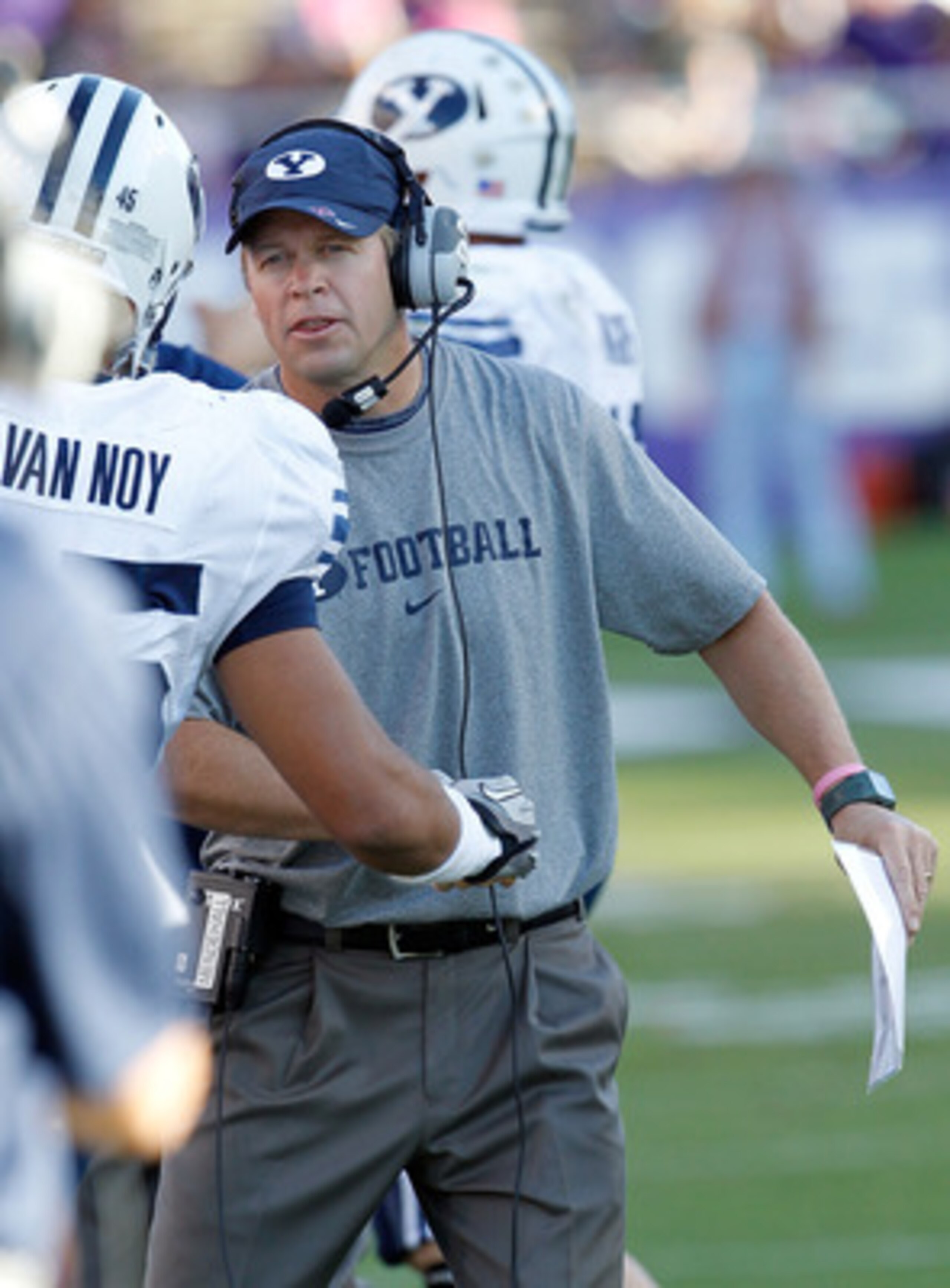 FORT WORTH, TX - OCTOBER 16:  Head coach Bronco Mendenhall of the BYU Cougars heads his team against the TCU Horned Frogs at Amon G. Carter Stadium on October 16, 2010 in Fort Worth, Texas.  TCU beat BYU 31-3. (Photo by Tom Pennington/Getty Images)