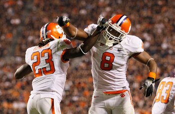 AUBURN, AL - SEPTEMBER 18:  Andre Ellington #23 and Jamie Harper #8 of the Clemson Tigers against the Auburn Tigers at Jordan-Hare Stadium on September 18, 2010 in Auburn, Alabama.  (Photo by Kevin C. Cox/Getty Images)